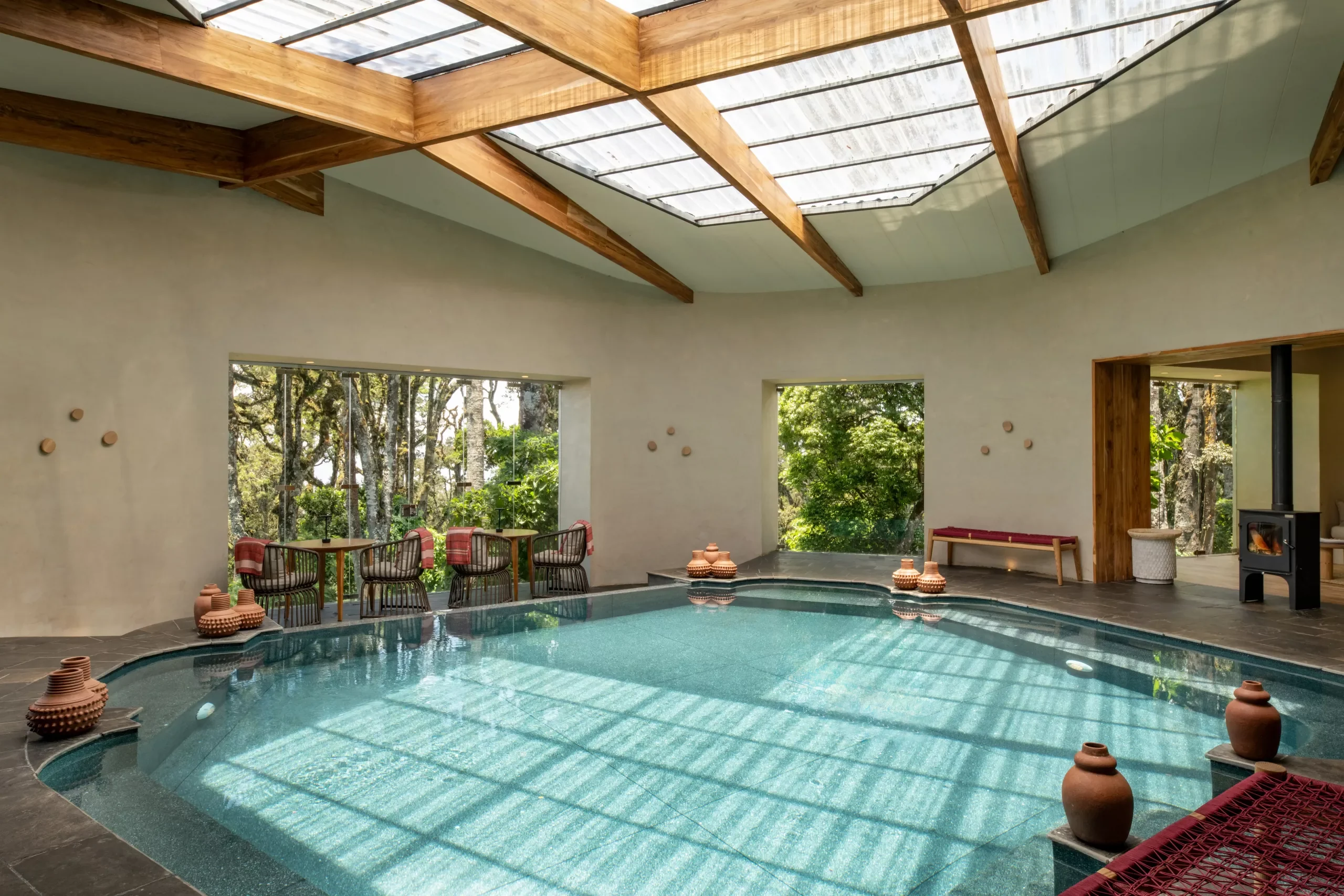 The indoor pool under a glass roof
