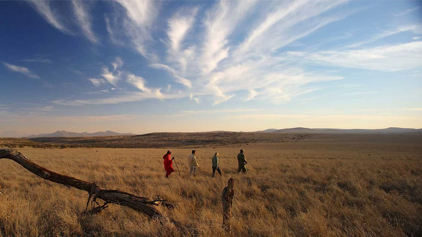 Walkers on the plains at sunset
