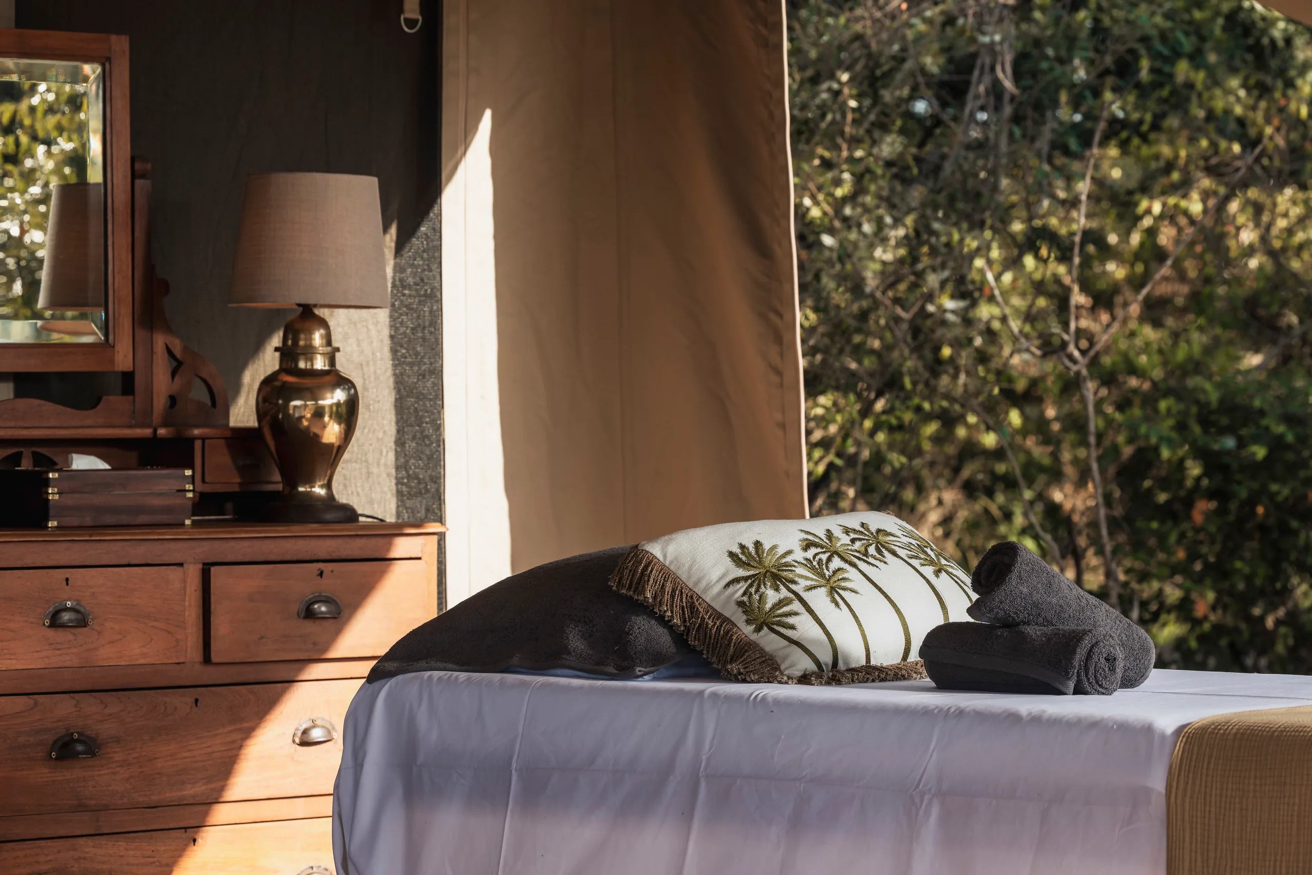 A treatment bed inside the spa tent at Little Elephant Pepper Camp