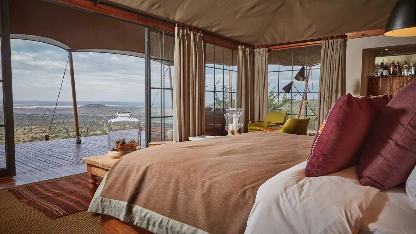 A bedroom looking out over the valley