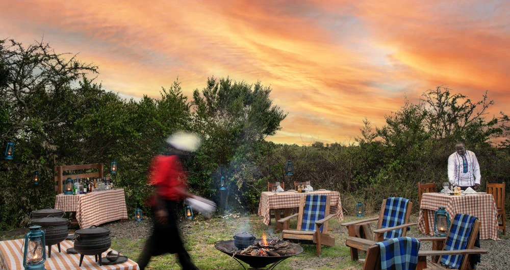 A bush dinner being laid at sunset