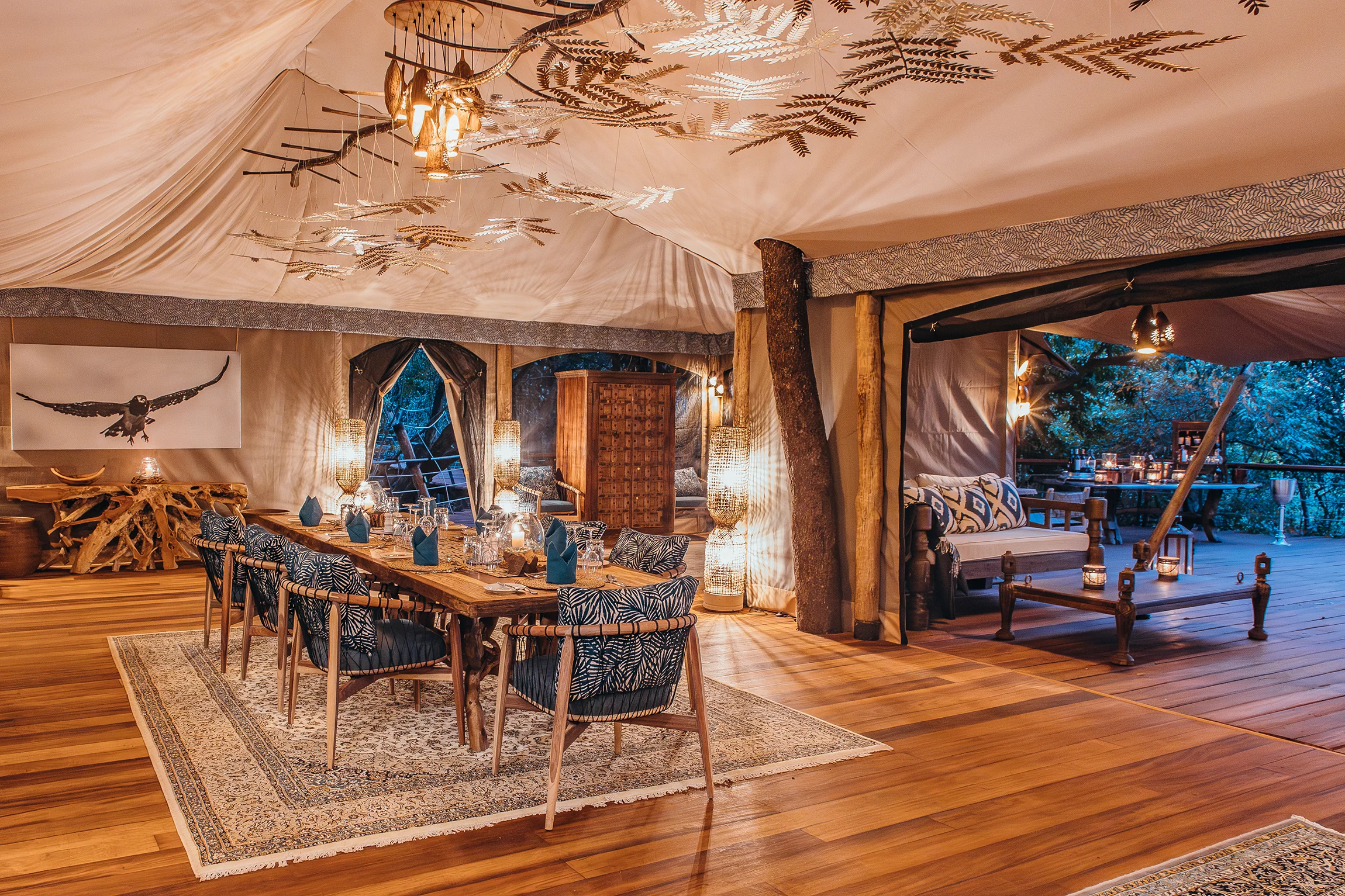 The dining tent at dusk