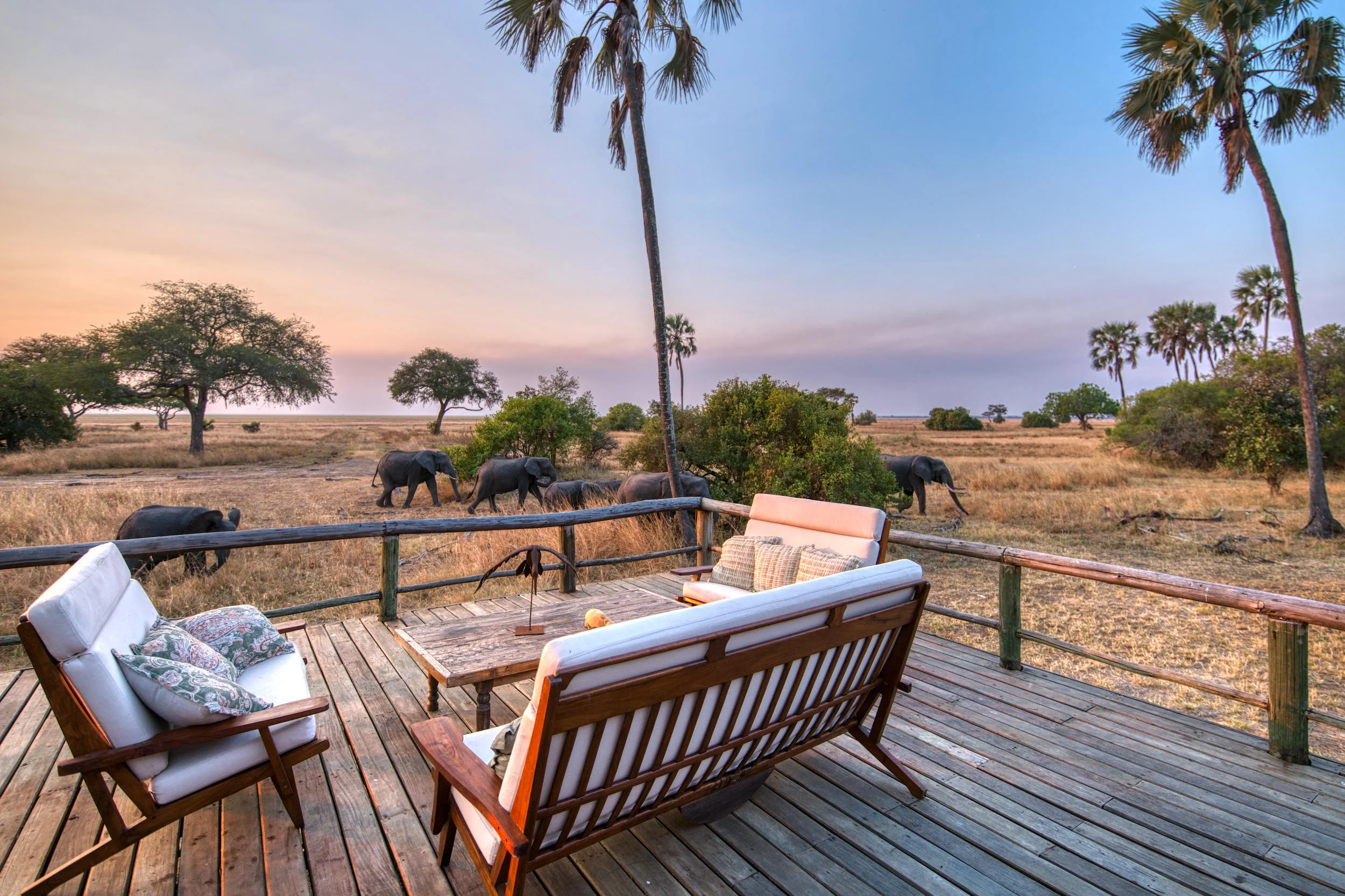 A sofa on a tent deck with elephant on the plains beyond