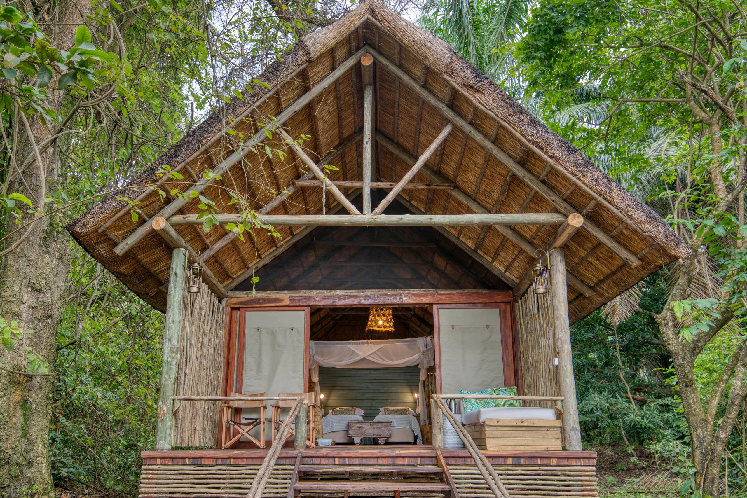 A thatched banda on the lakeshore