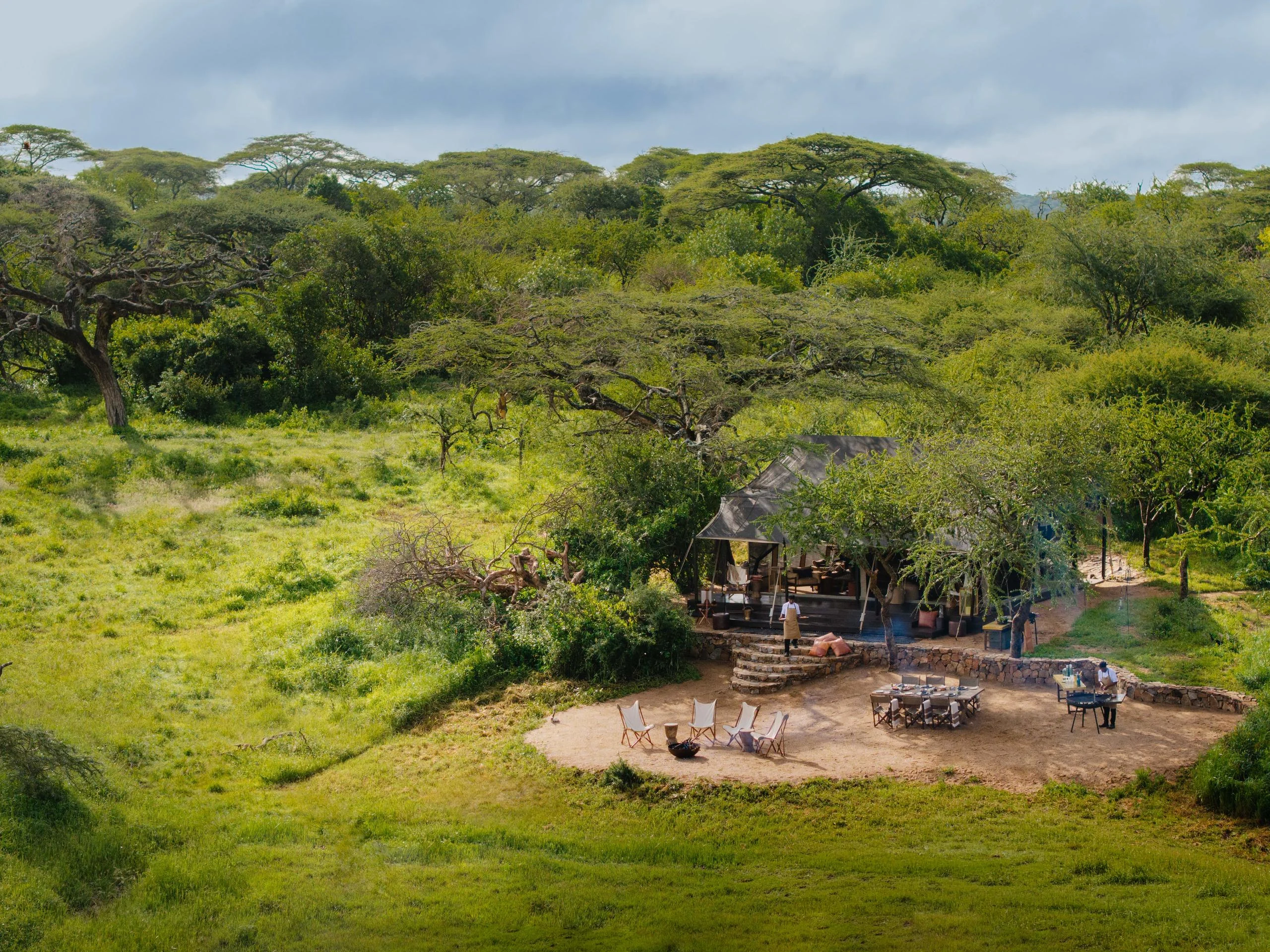 A bush breakfast laid out in the woodland, from the air