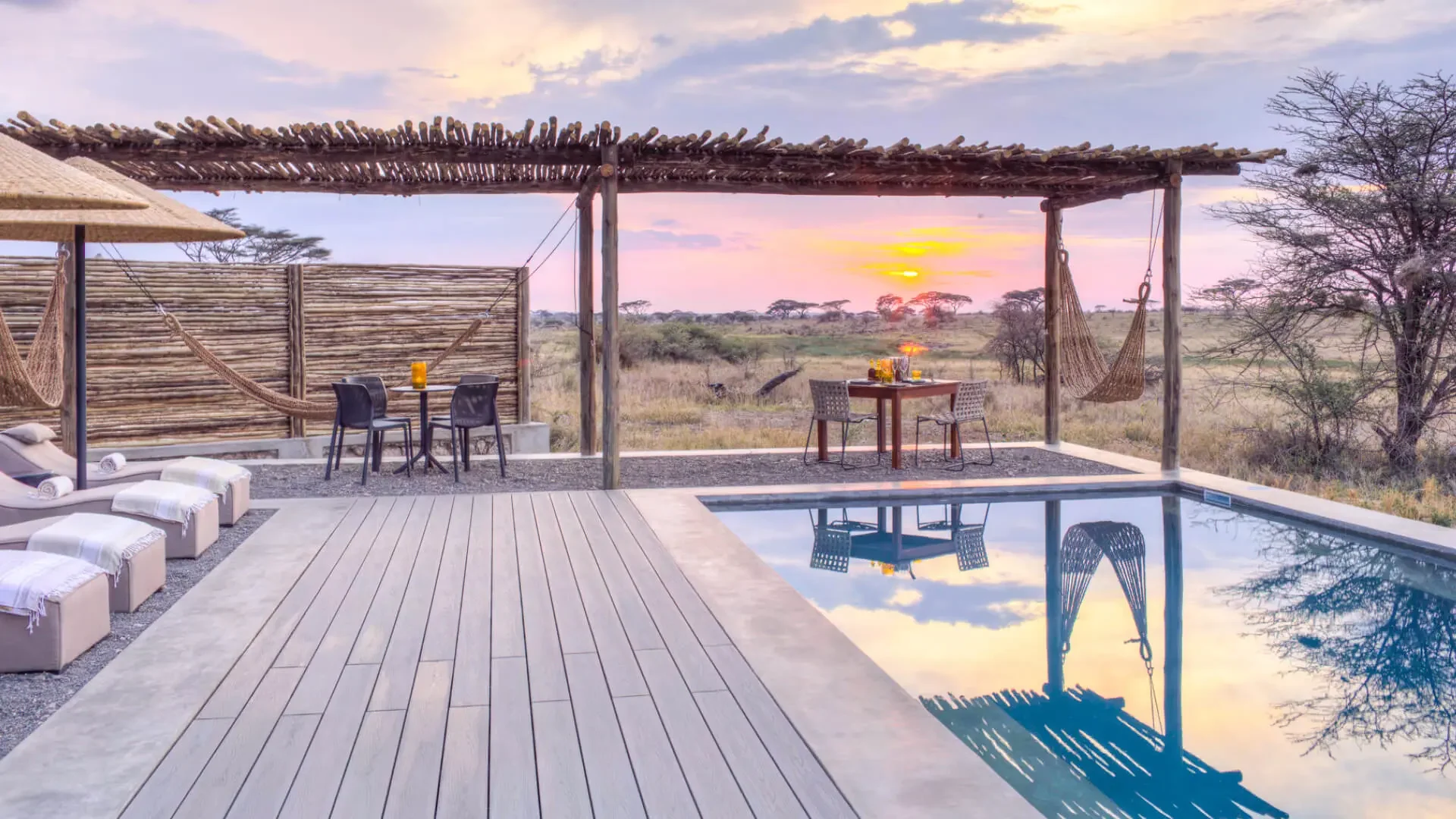 The pool deck at sunset