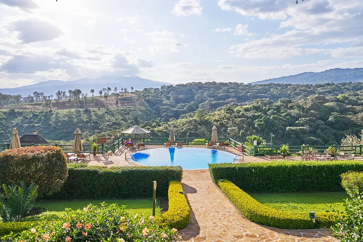The garden path leading to the pool and the hills