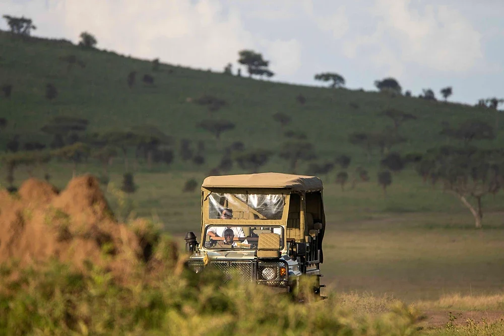 An open safari vehicle on the grassy hills
