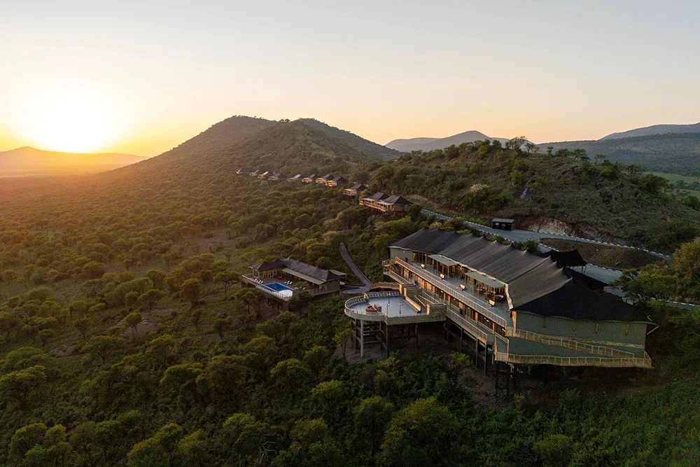 The lodge on the hill at sunset