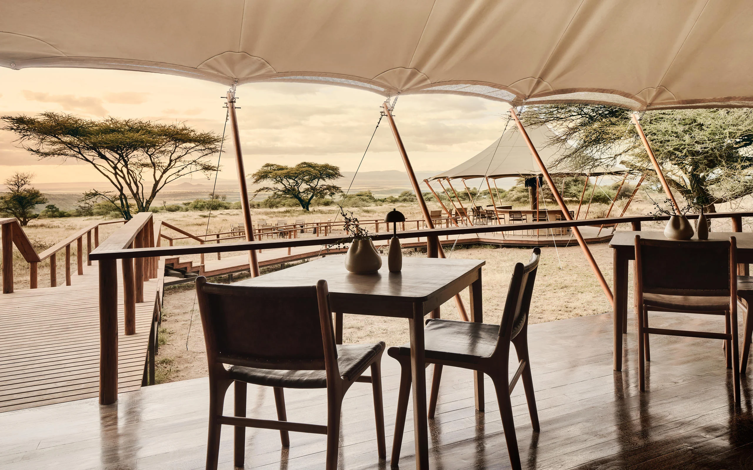 The dining tent open to the plains