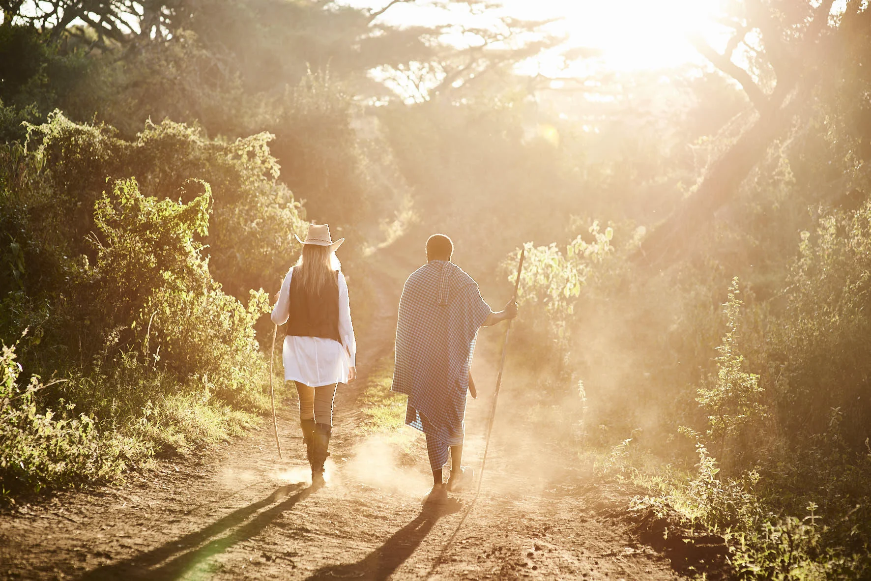 Two guides walking through the forest in the morning light