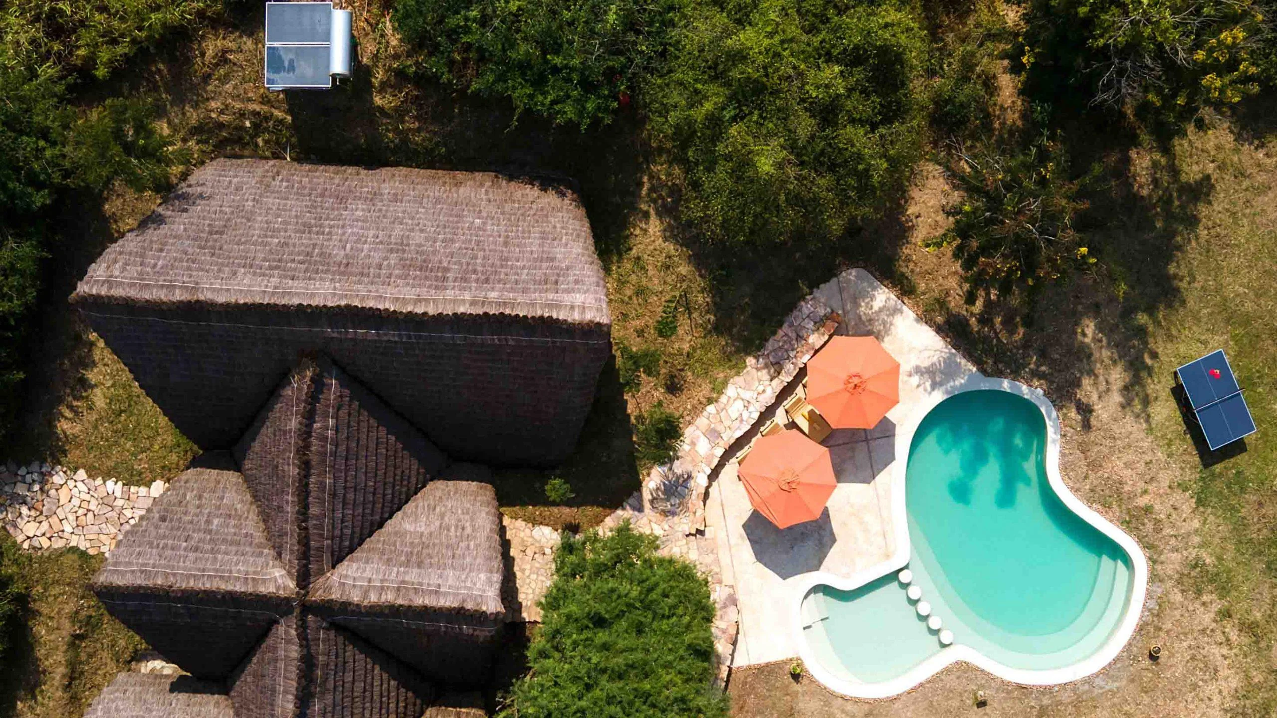 The thatched main building and pool, from the air