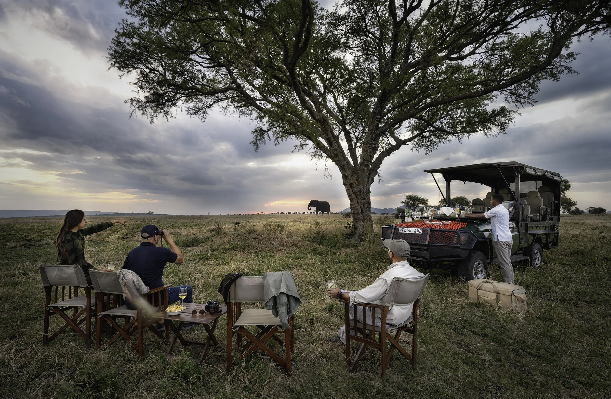 Guests at sundowners beneath a tree with a vehicle beyond