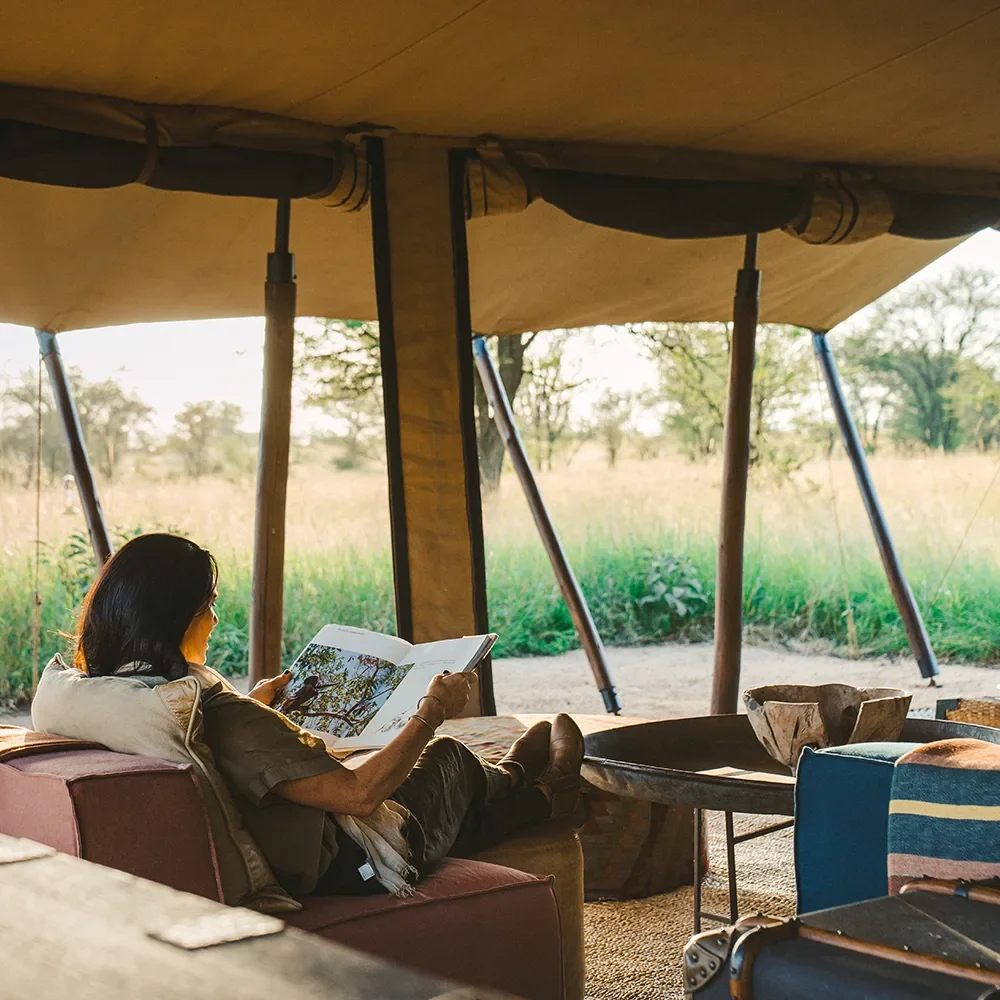 A guest reading in the lounge tent, open to the grassland