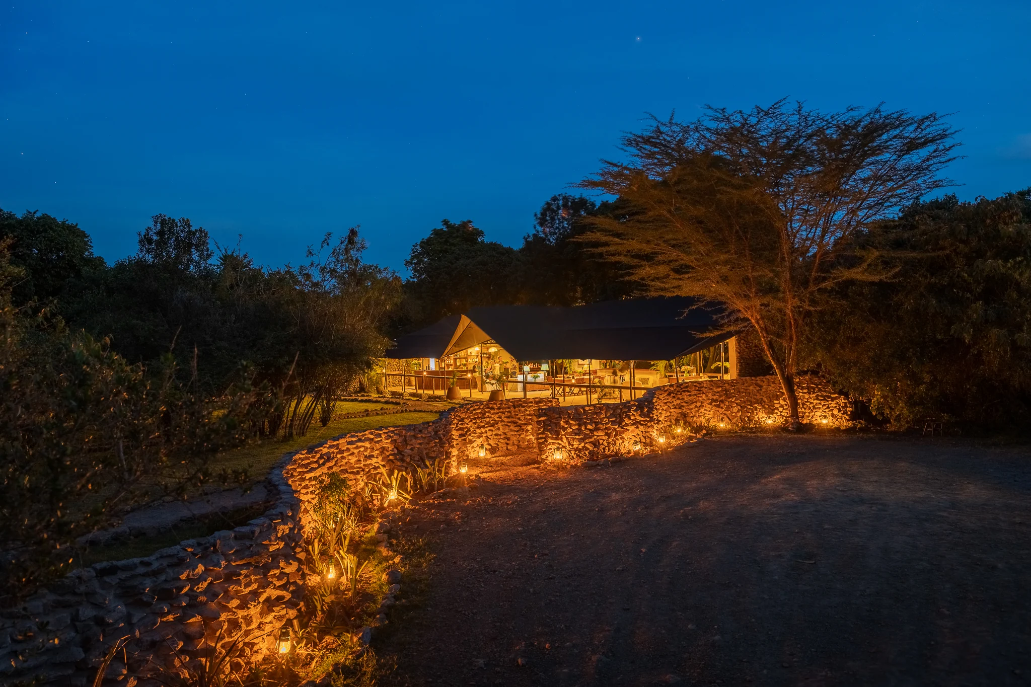 The main area lit at dusk