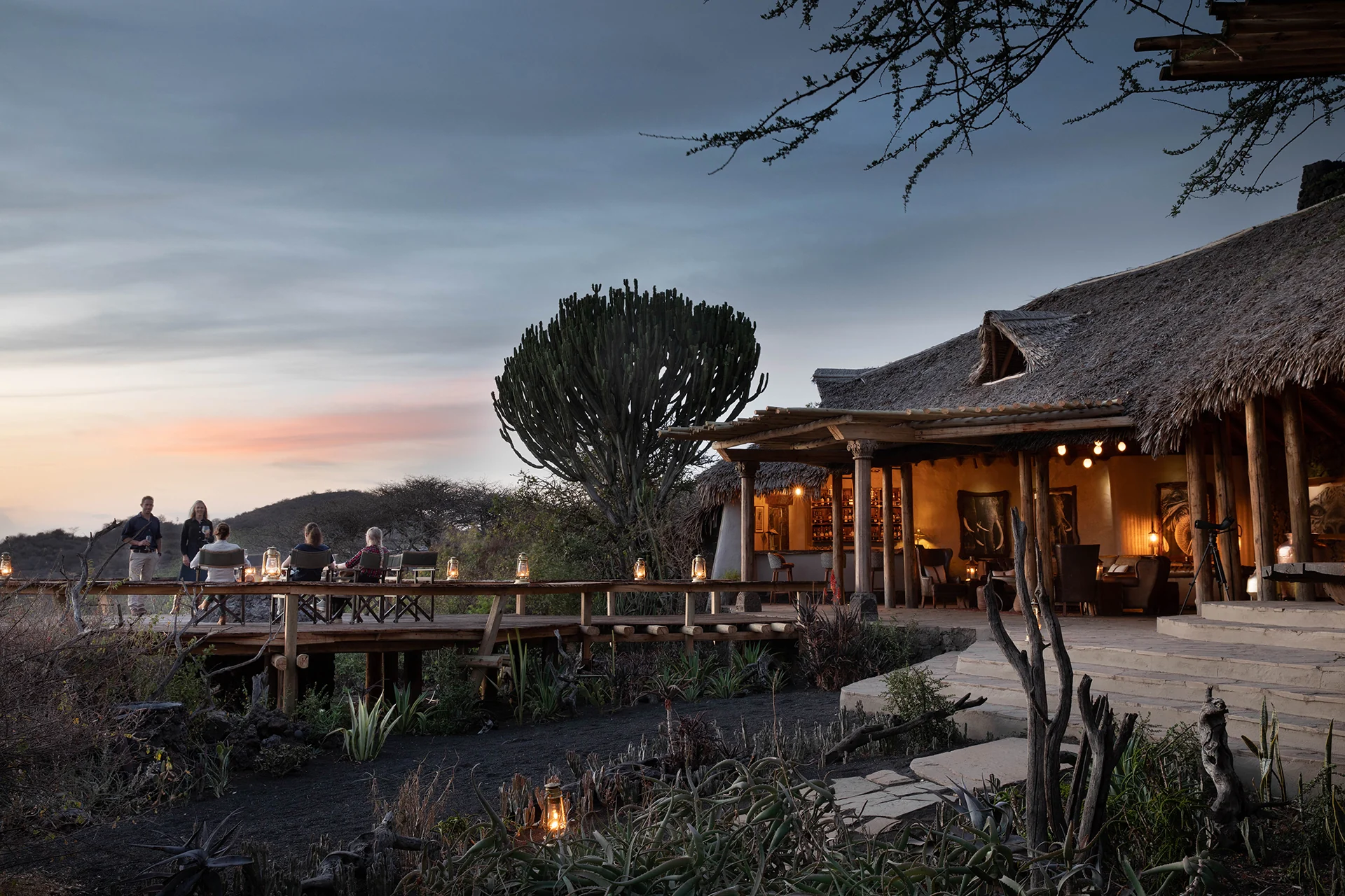 The lodge and its boardwalk at dusk