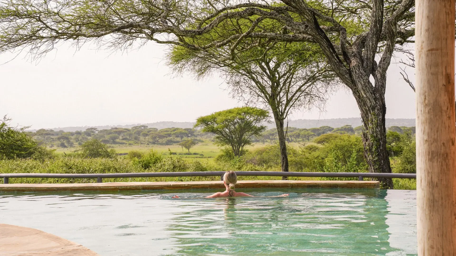 A guest in the pool, looking over the plains