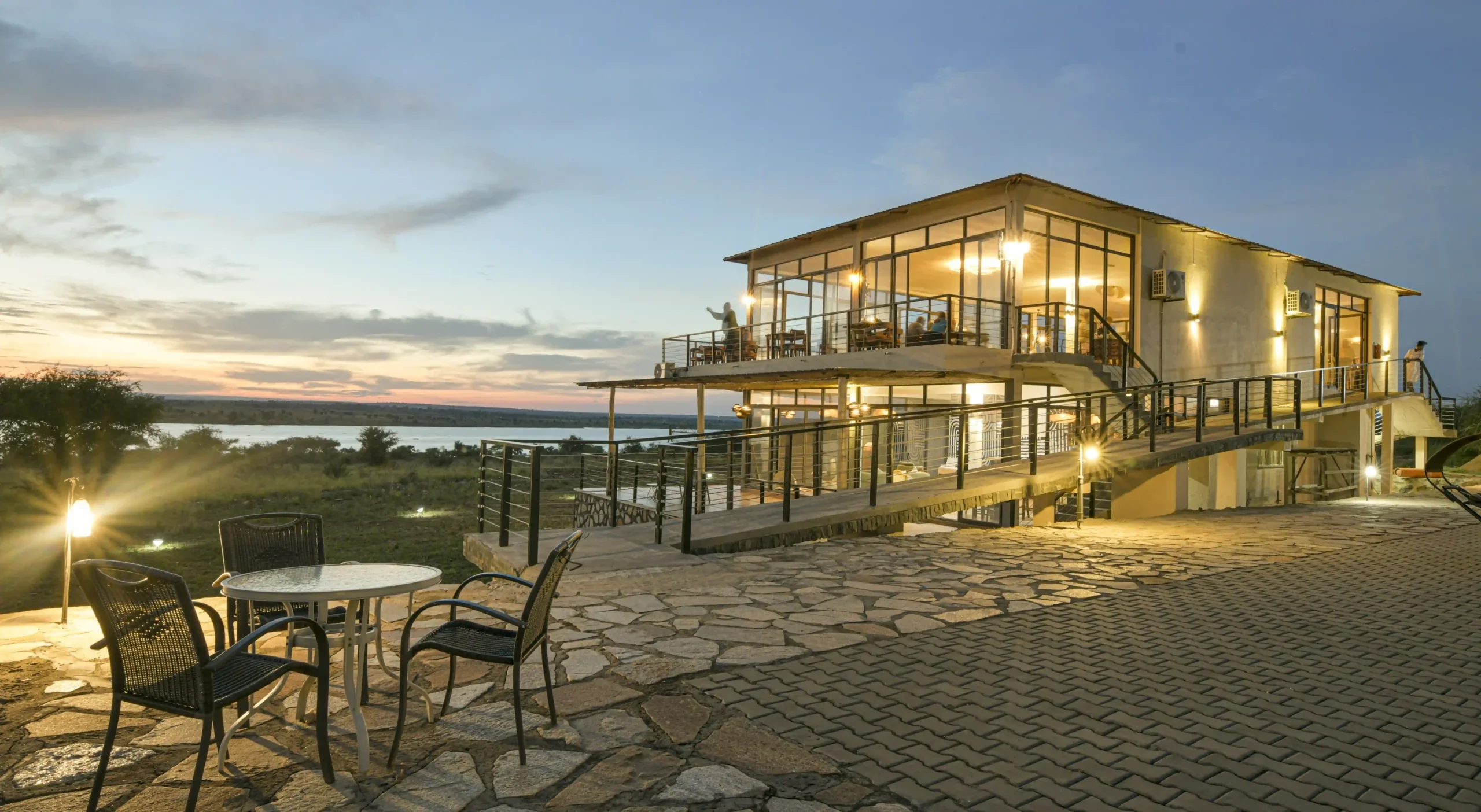 The lodge lit at dusk