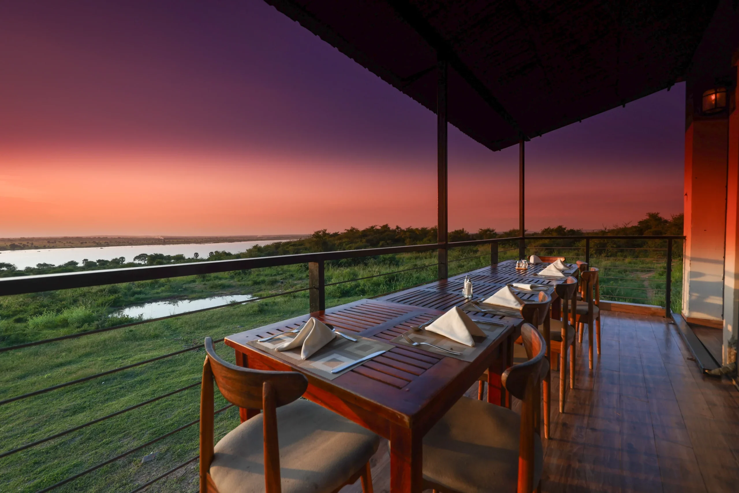 The dining terrace at sunset, looking towards the Nile