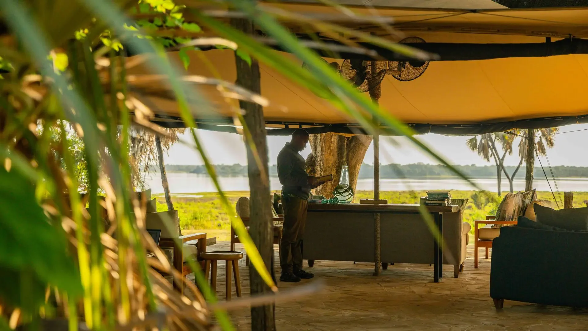 The lounge tent looking out to the lake