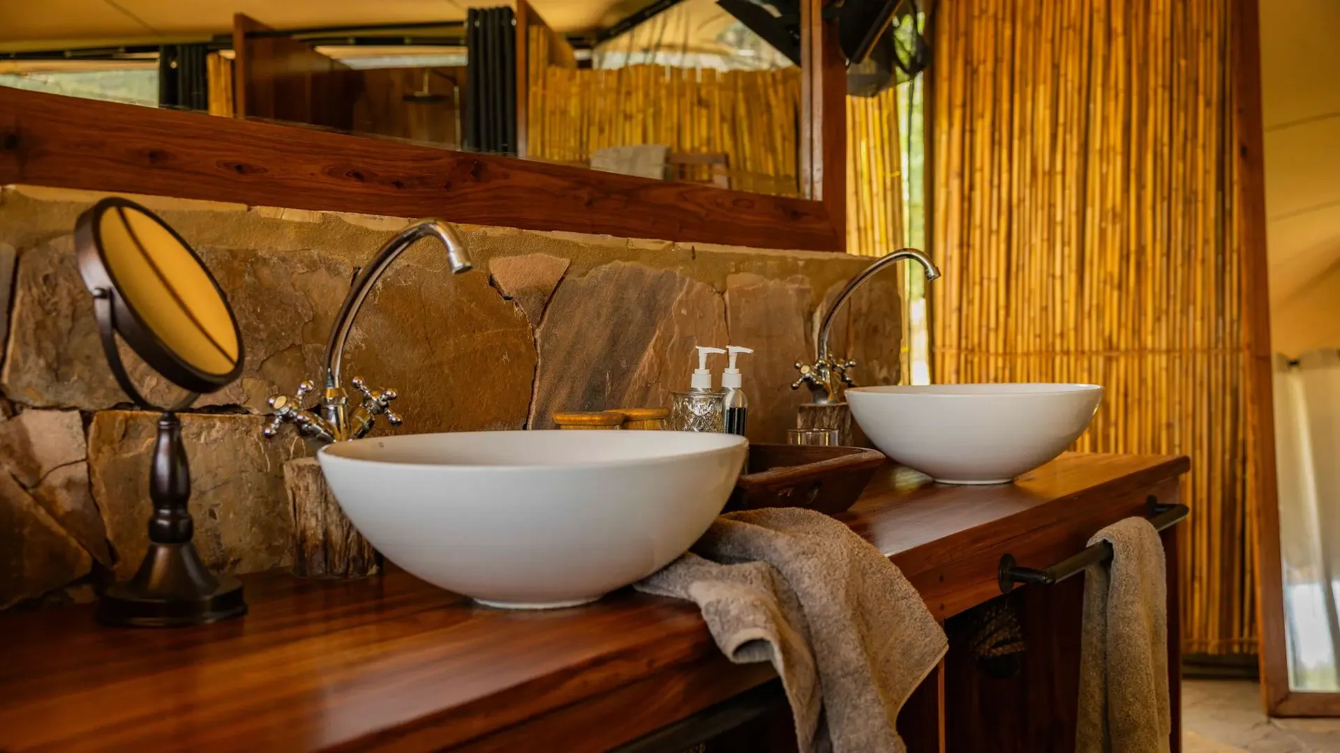 A bathroom with twin basins