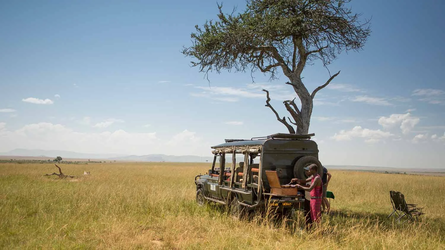 A safari vehicle under a lone tree on the plains