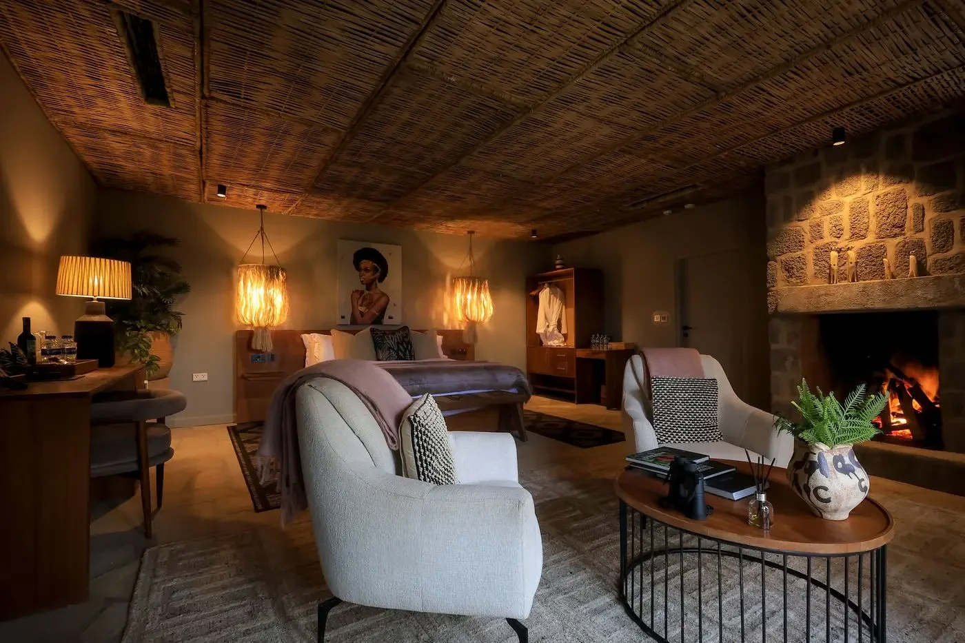 A suite sitting room with a fireplace