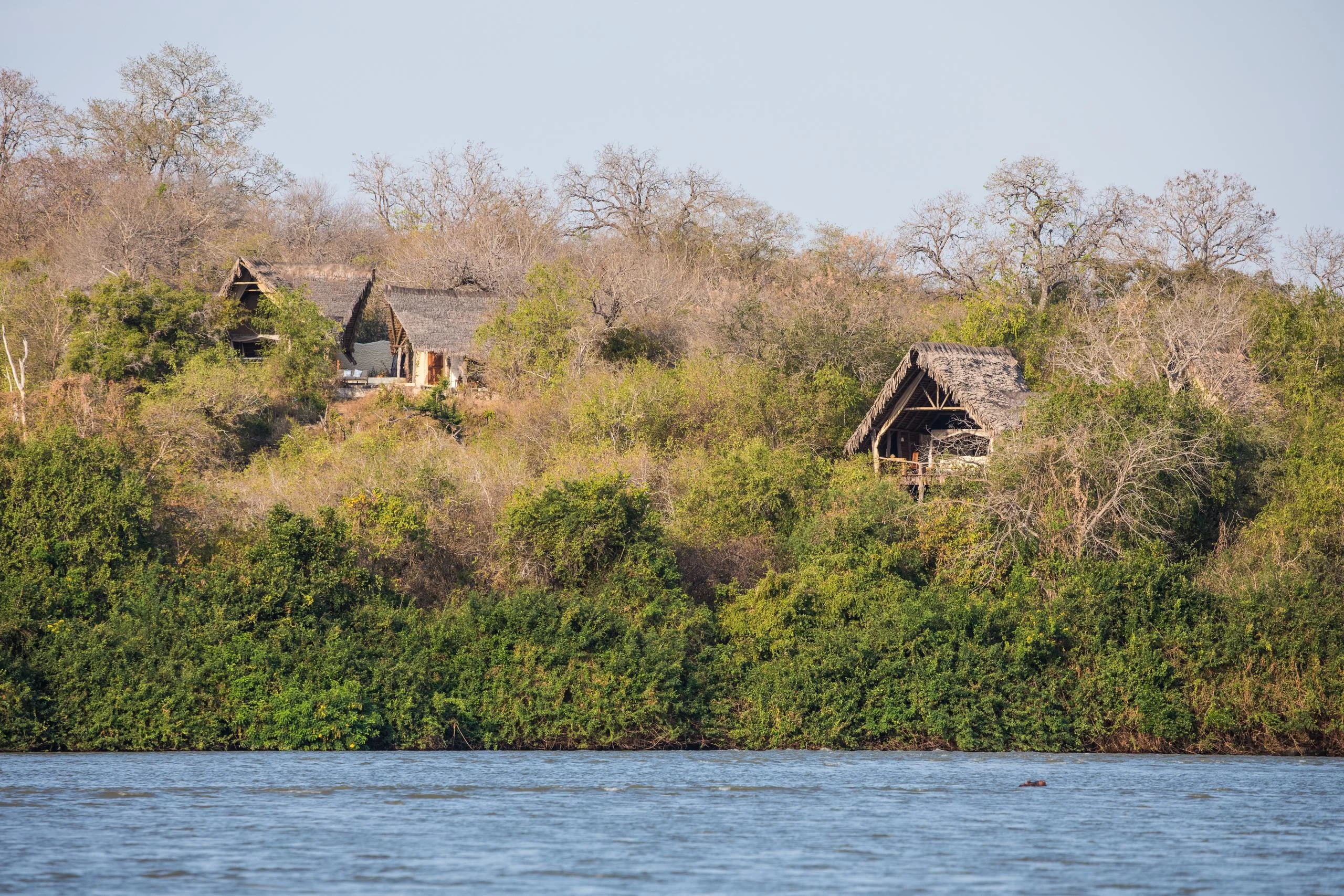The lodge on the riverbank among the trees