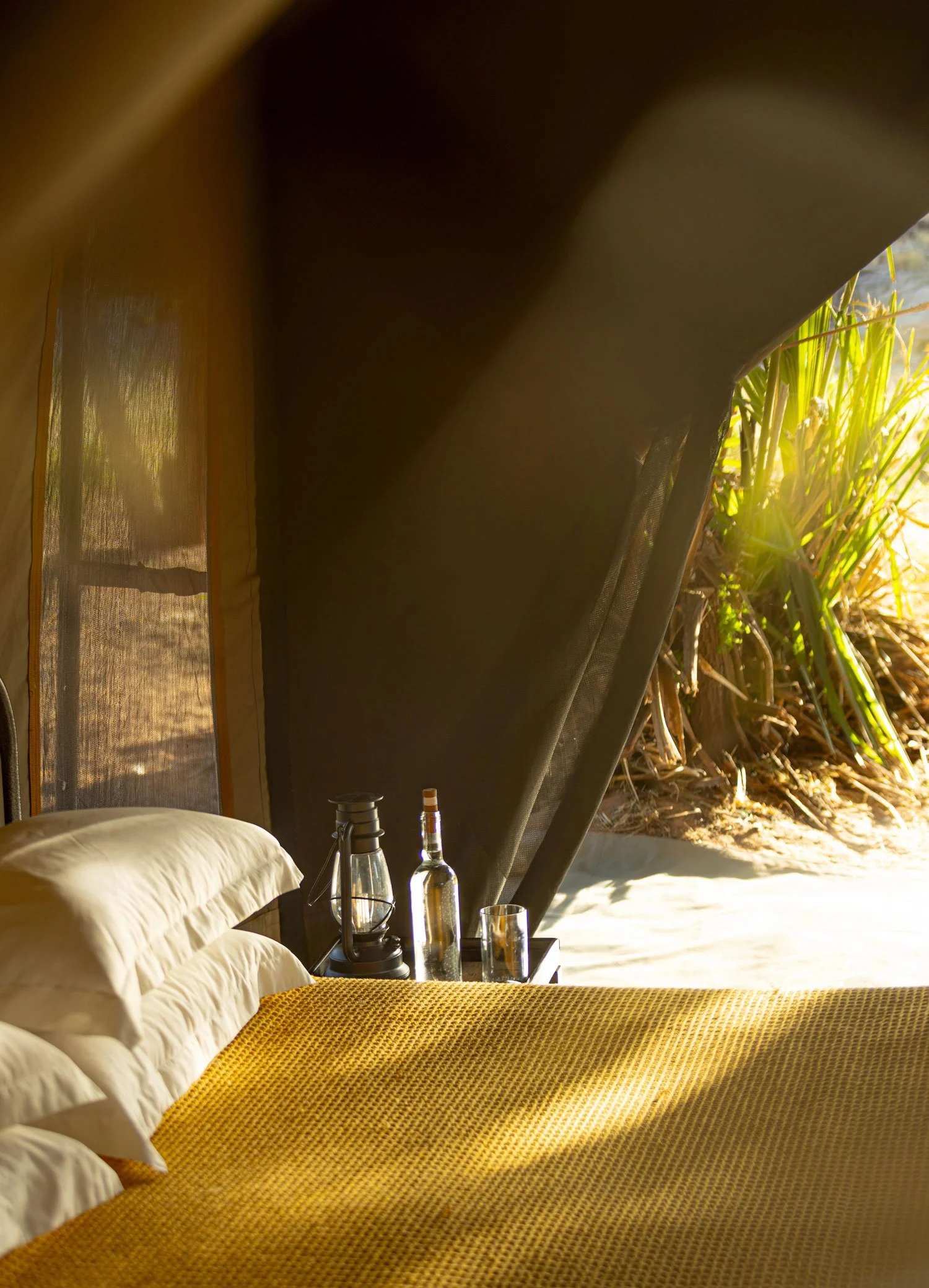 Bottles by a tent bed in evening light