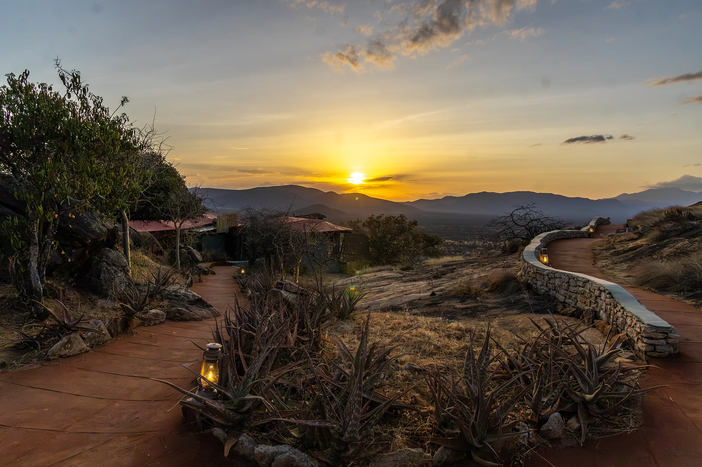 A villa terrace at sunset