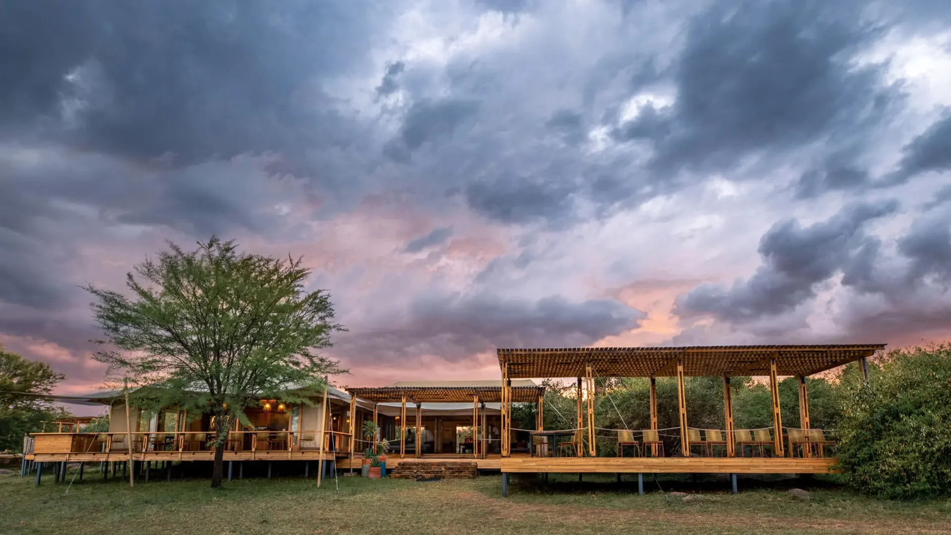The main building under a stormy sky