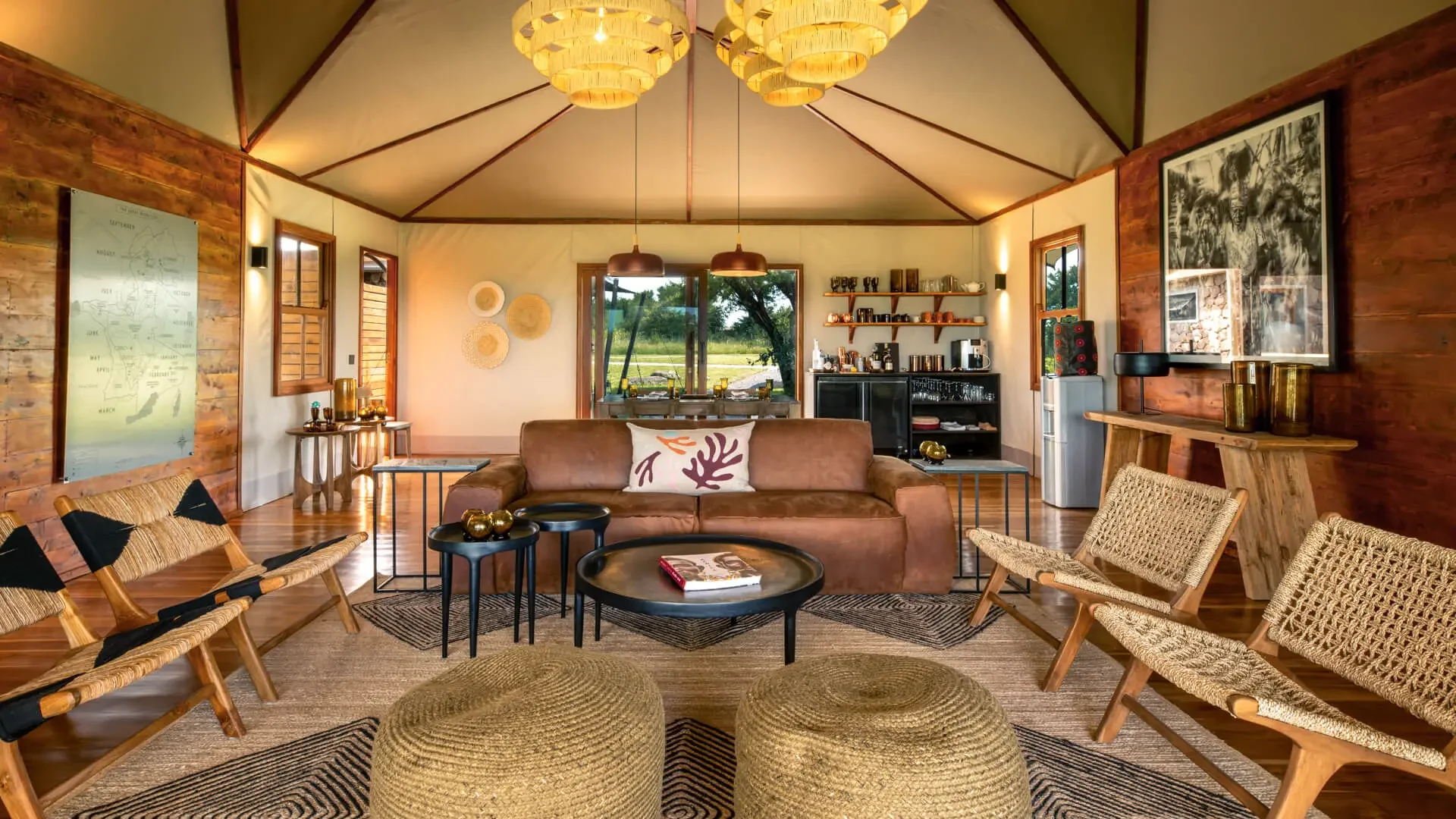 The lounge with woven chairs and pendant lamps