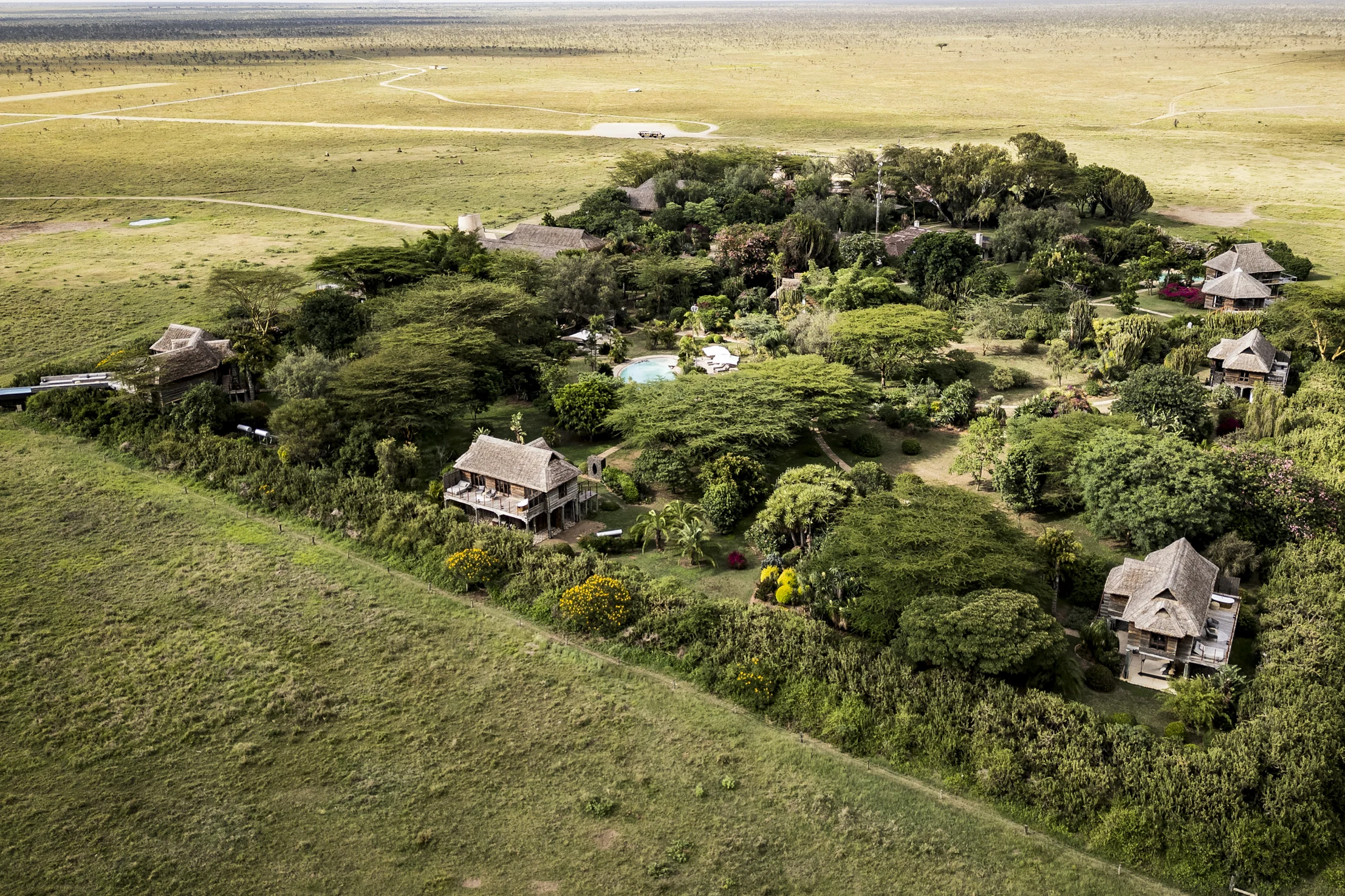 The retreat's gardens and villas, from the air