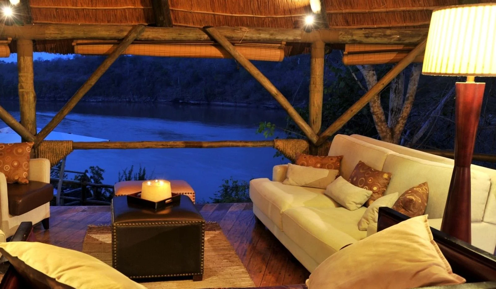 The lounge at dusk, looking over the river