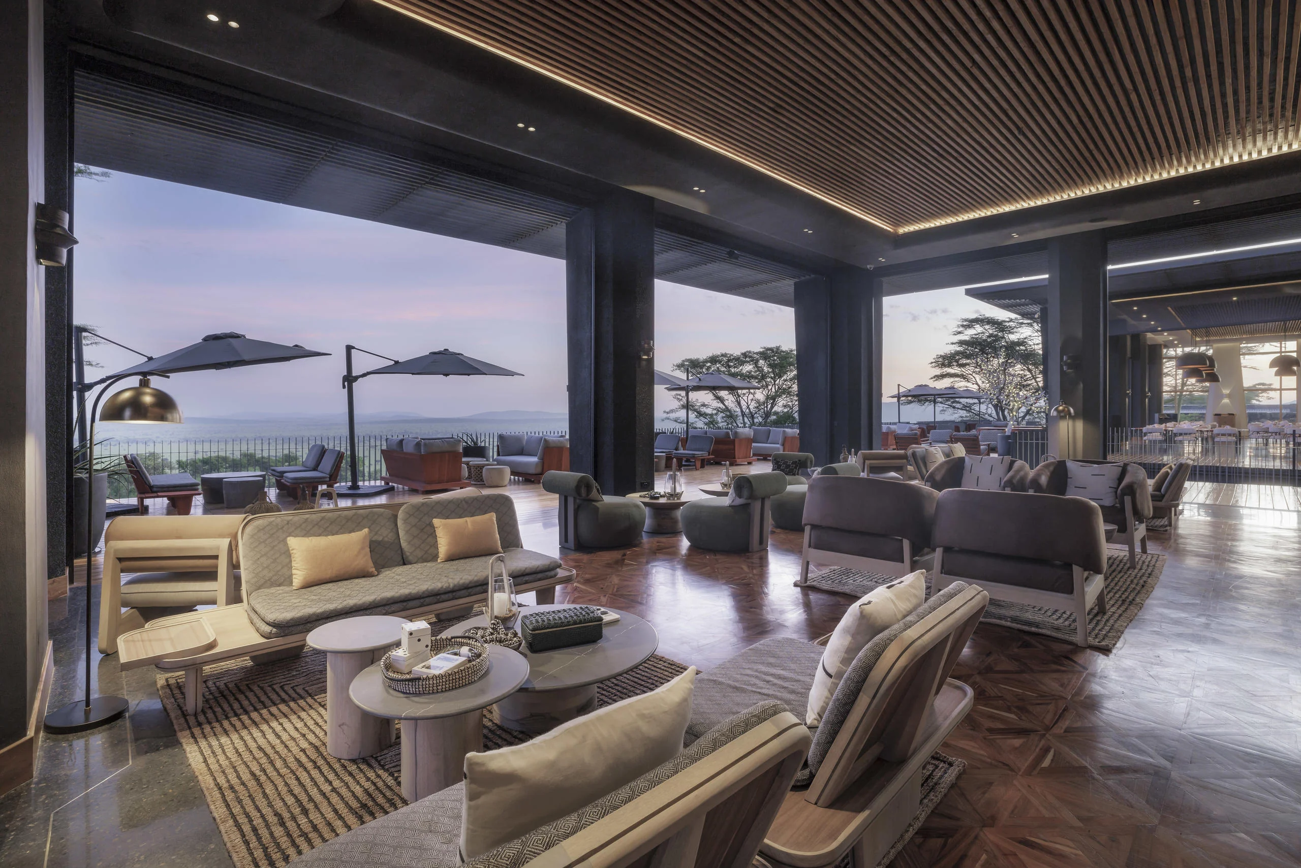 The lounge terrace looking over the plains at dusk