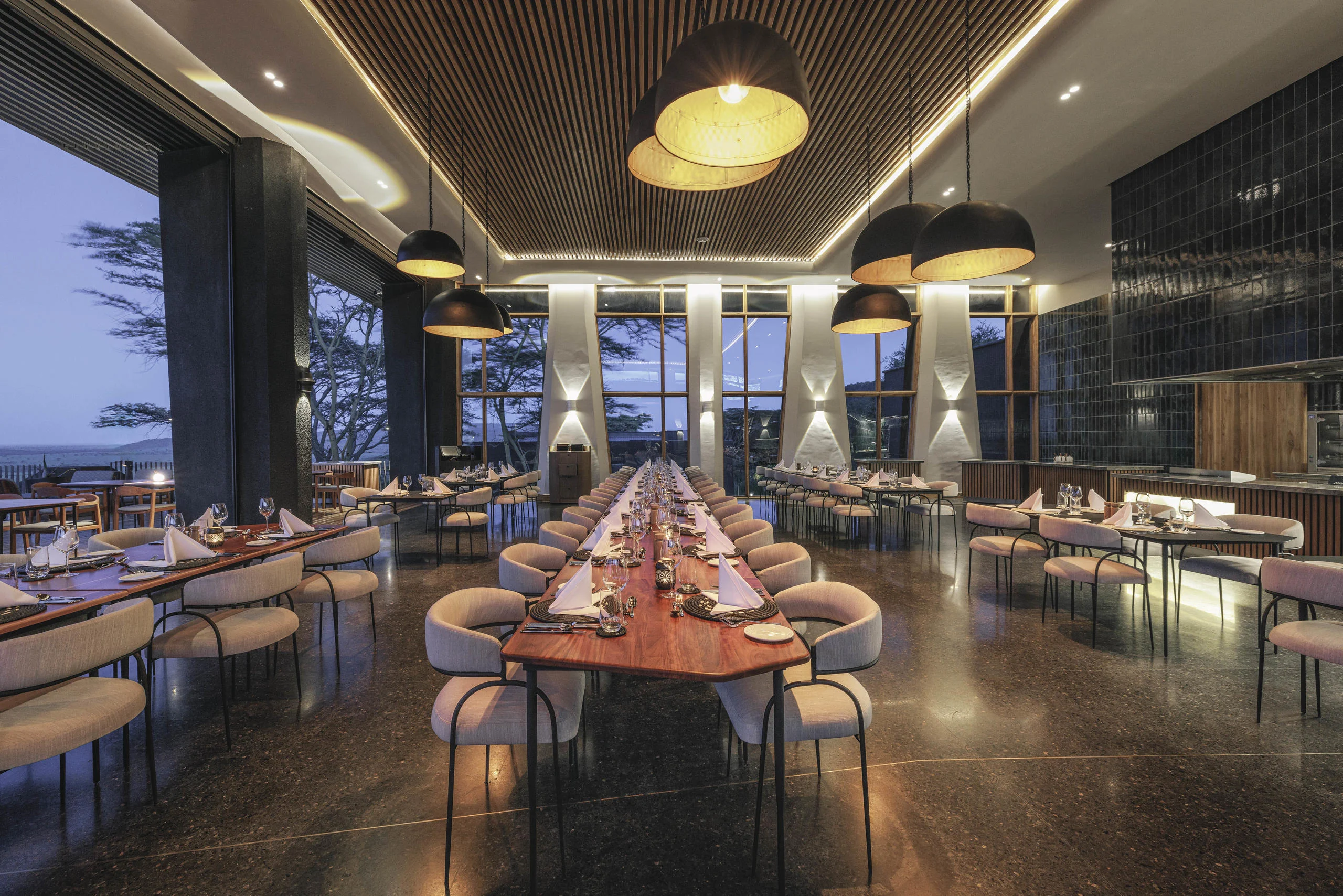 The dining room lit in the evening