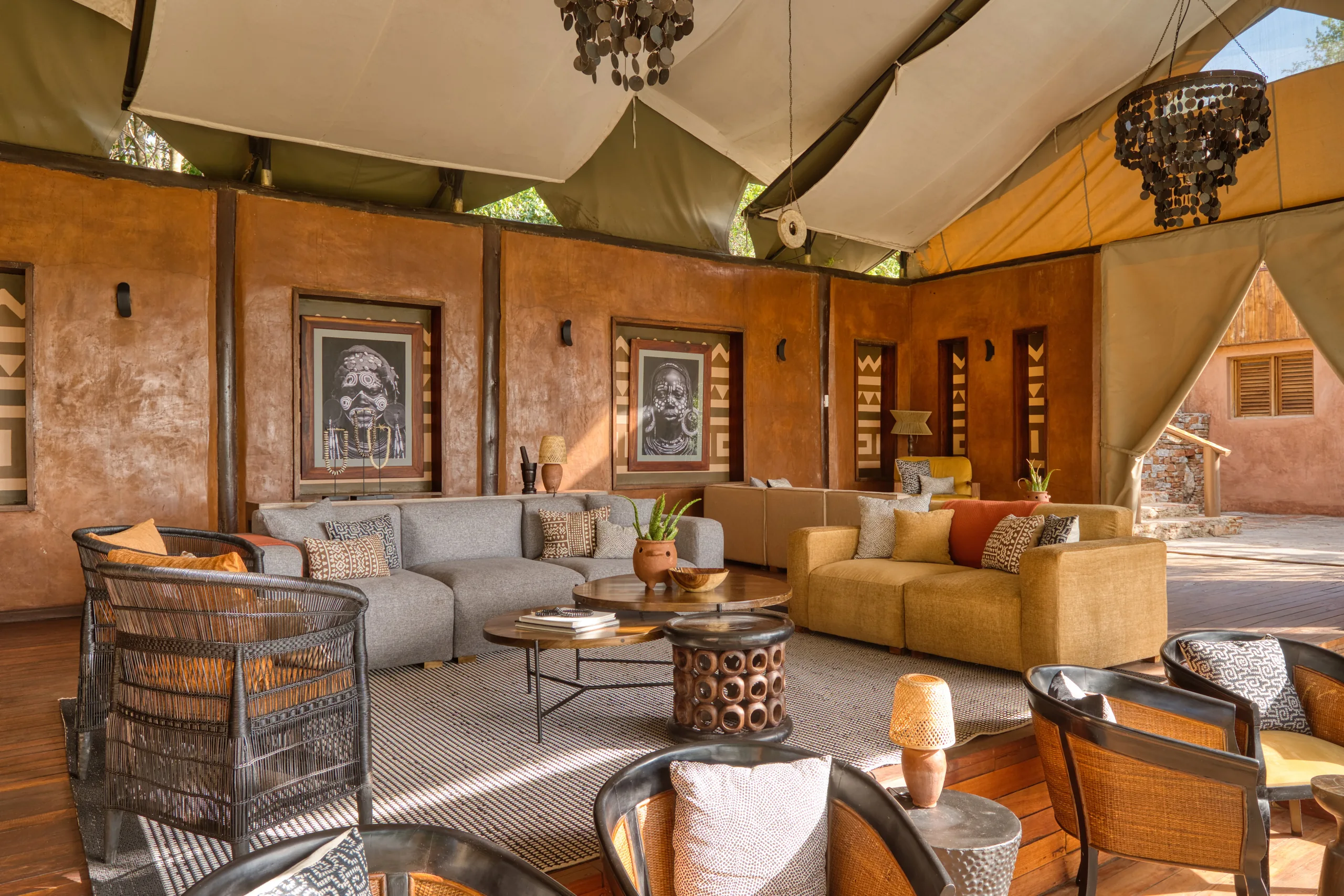 The indoor lounge and its timber furnishings at Serengeti Migration Camp
