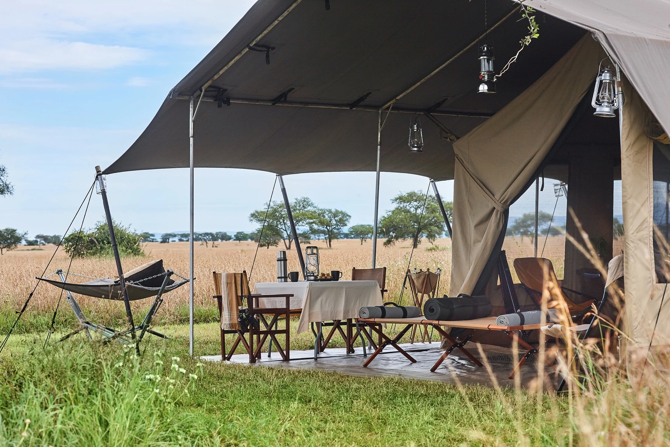 The lounge tent open to the plains
