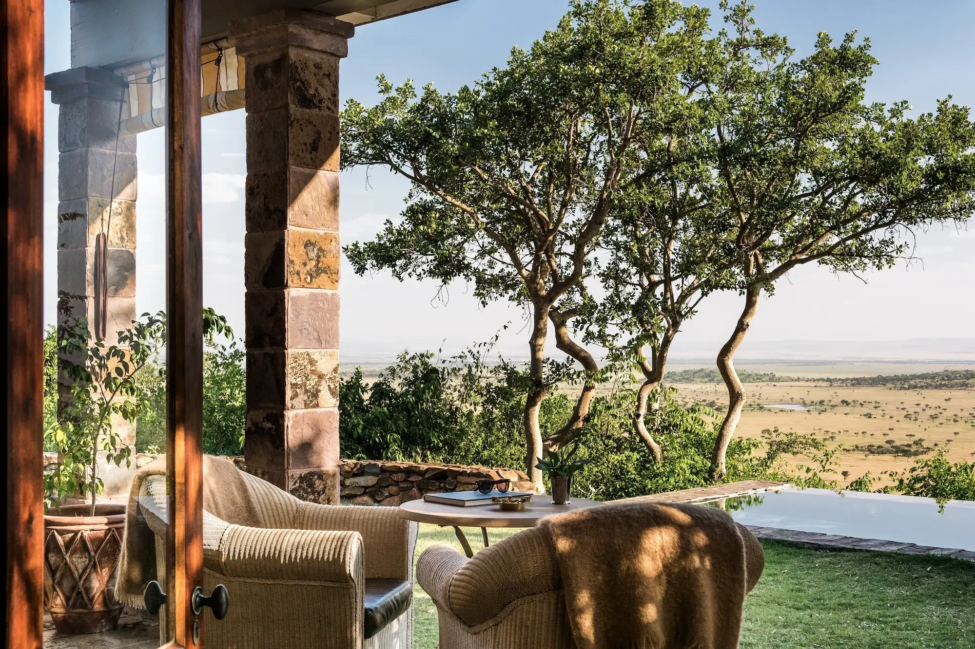 The veranda looking out to the plains beneath the trees