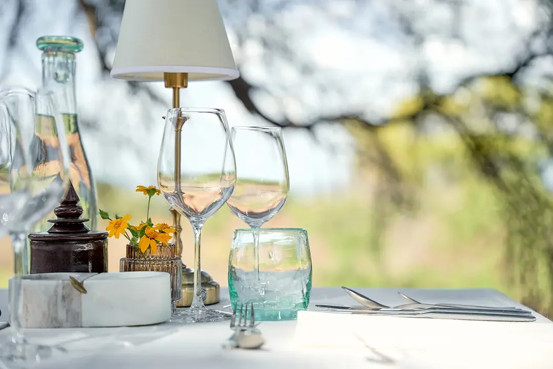 Glasses on a table set beneath the trees
