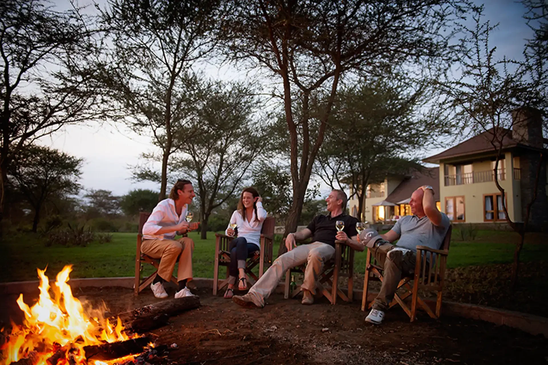 Guests around a campfire beneath the trees at dusk
