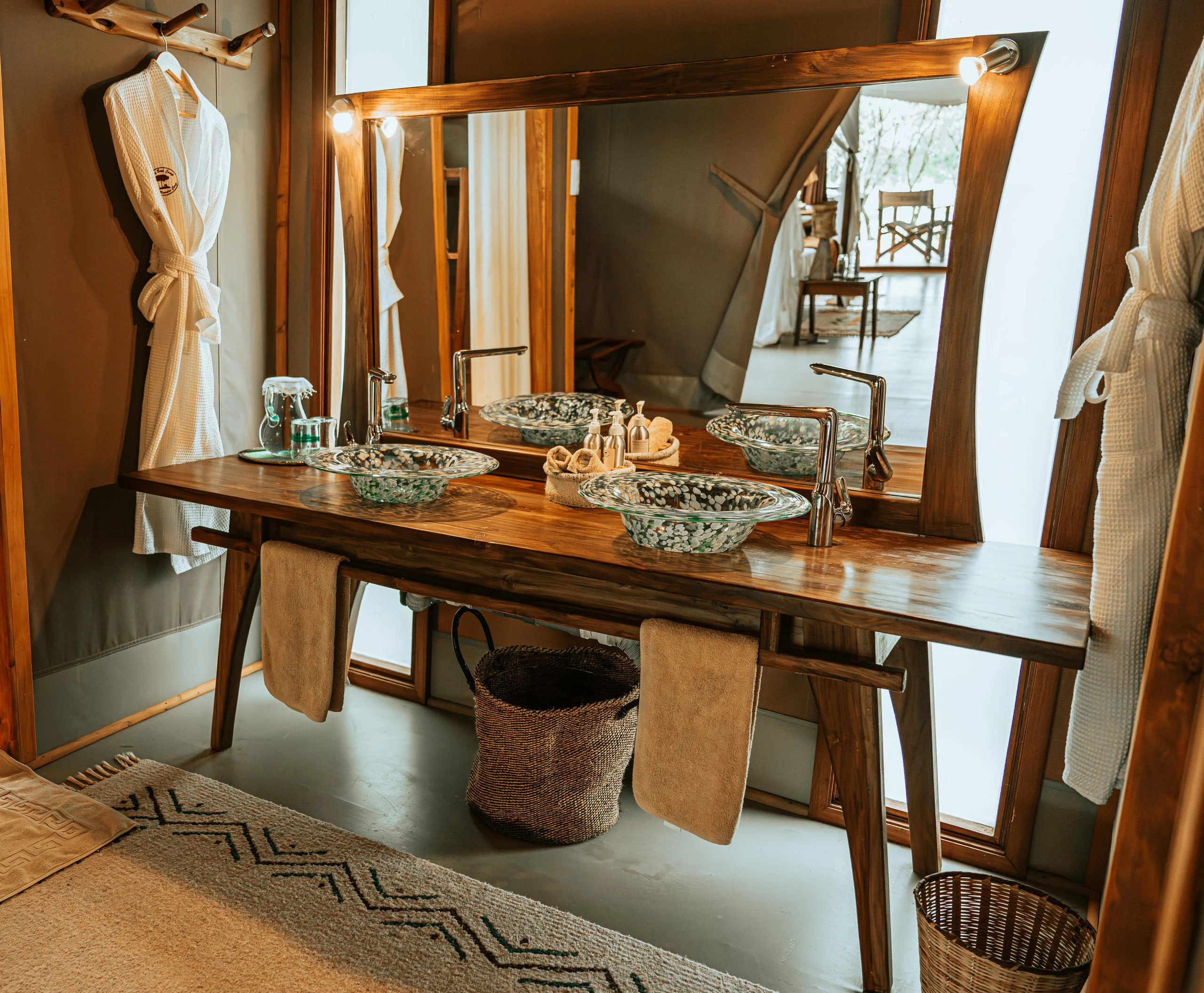 A tent dressing table with a mirror