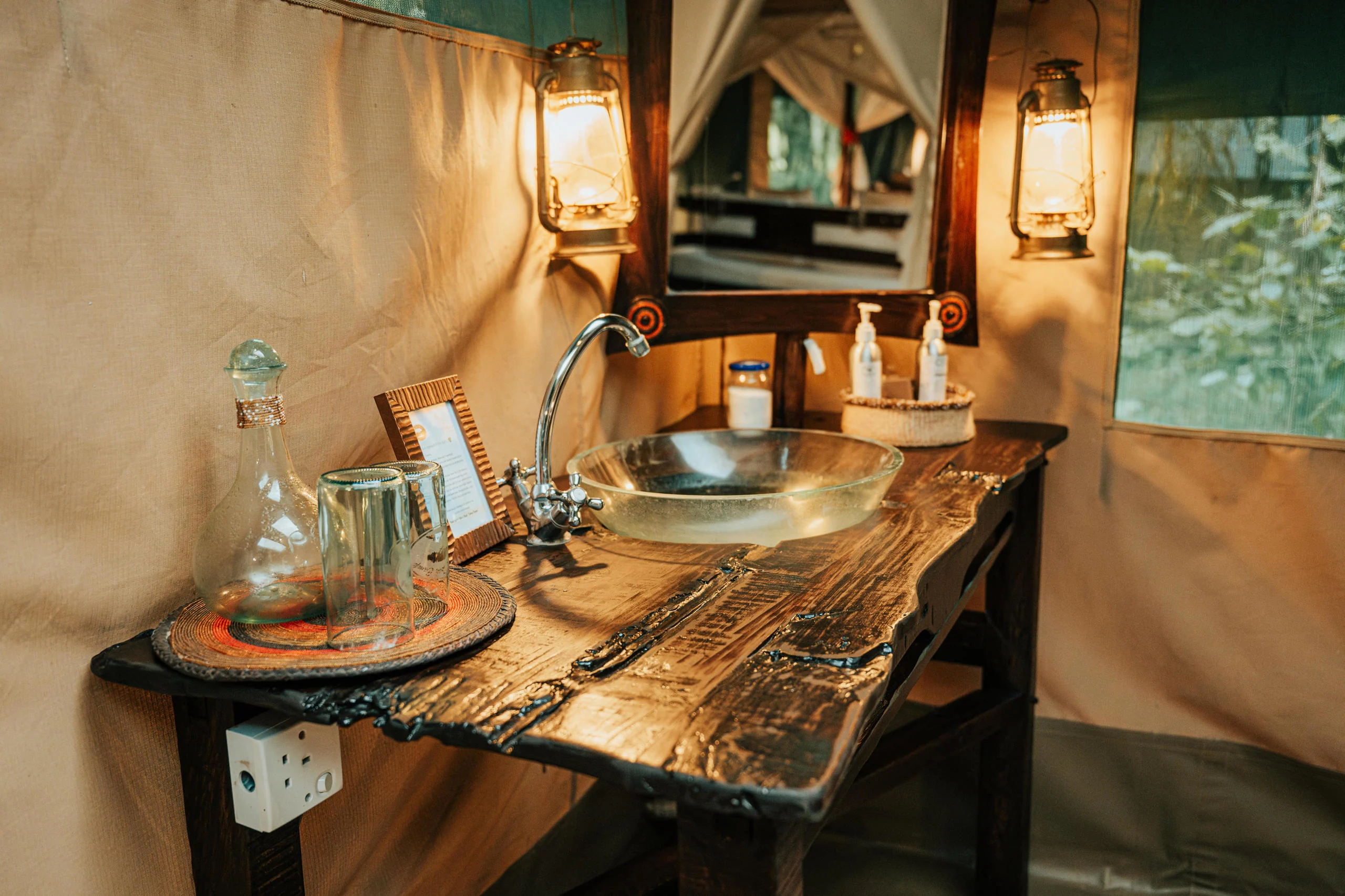 A tent washstand with a lamp