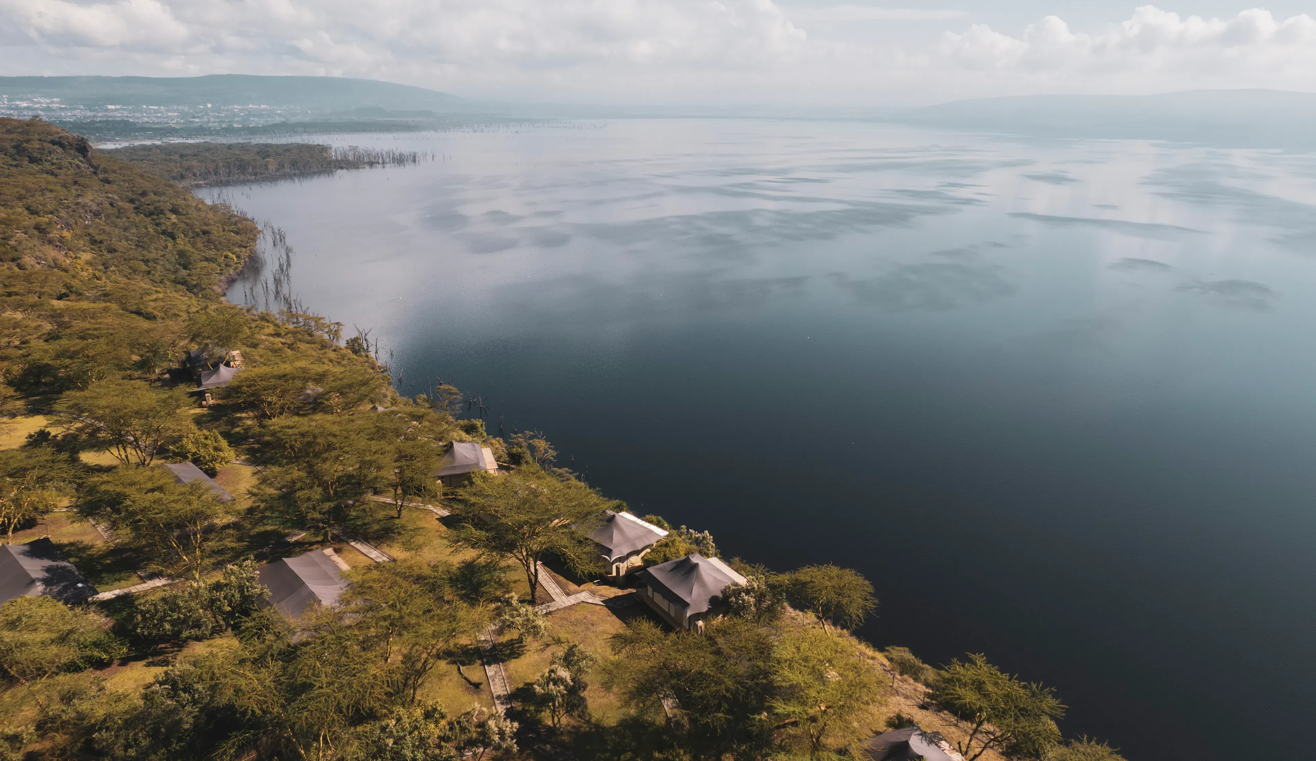 The lodge on its cliff above Lake Nakuru, from the air
