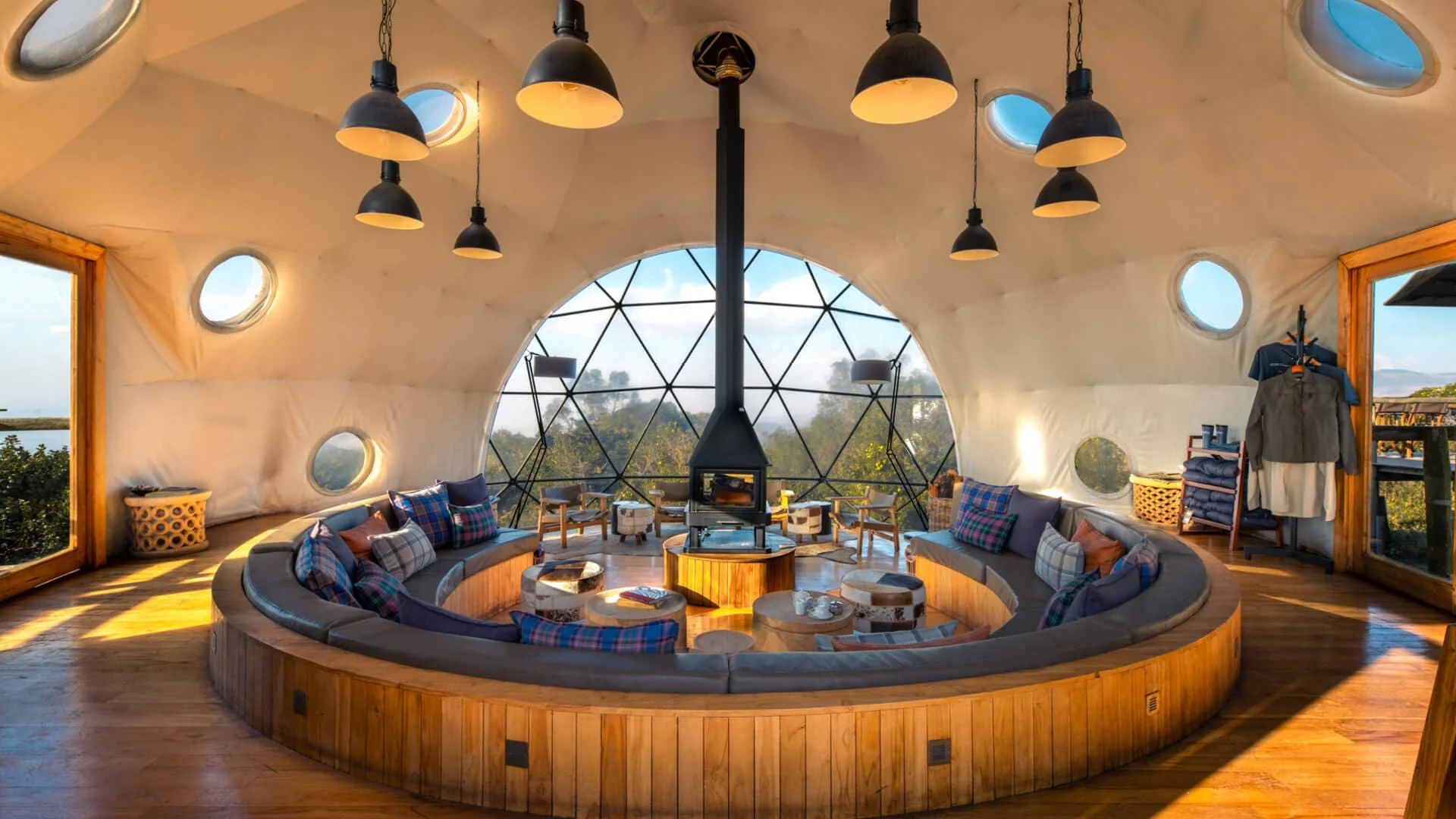 The domed lounge with a sunken seating area around the fire
