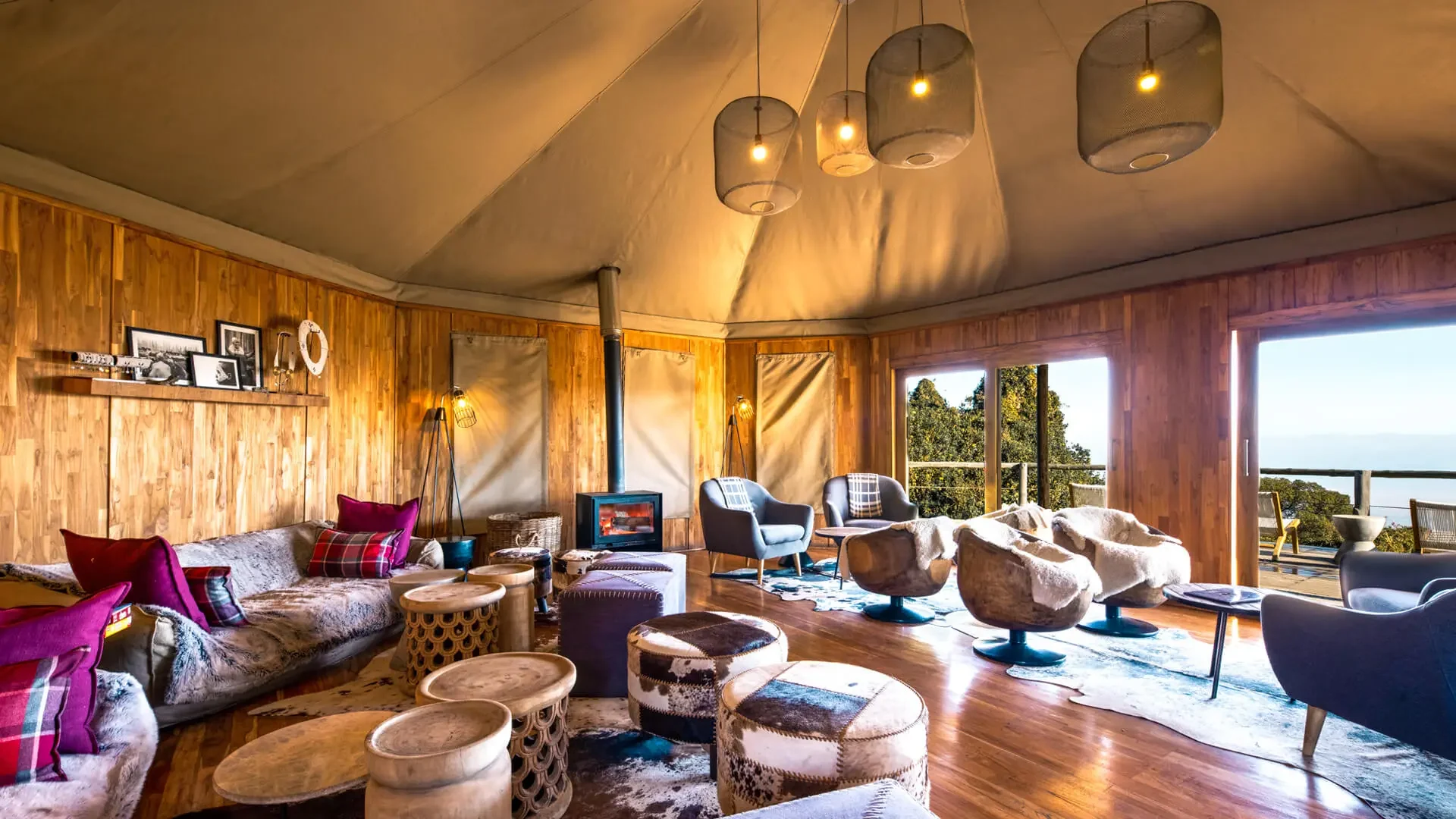 The dining tent with pendant lamps