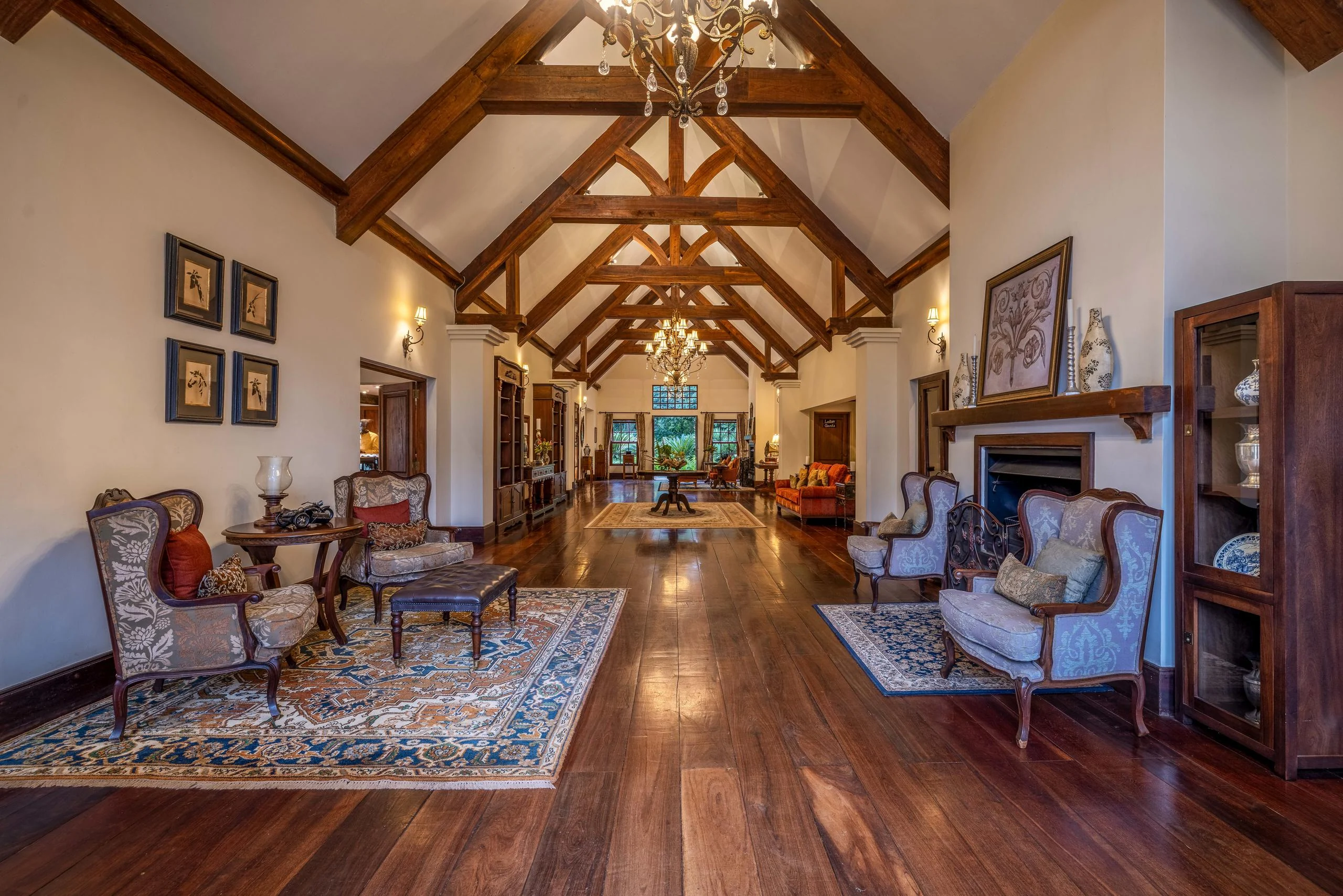 The main hall with a vaulted ceiling and fireplaces at either end