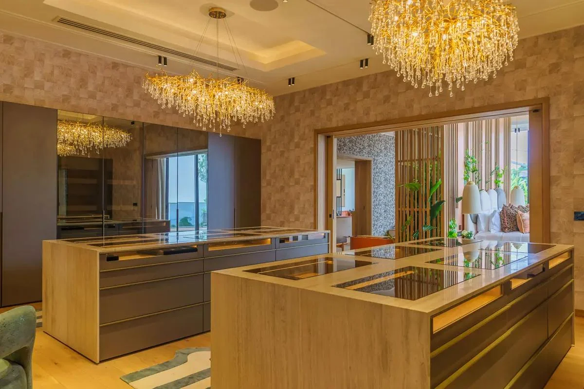 The lobby with a chandelier