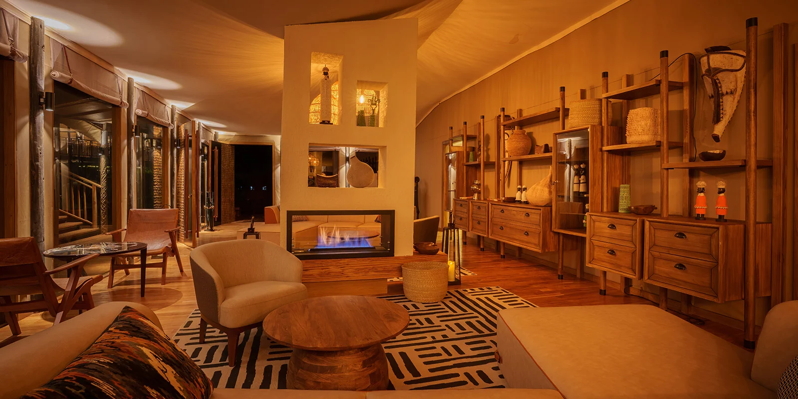 The lounge with a fireplace and shelves